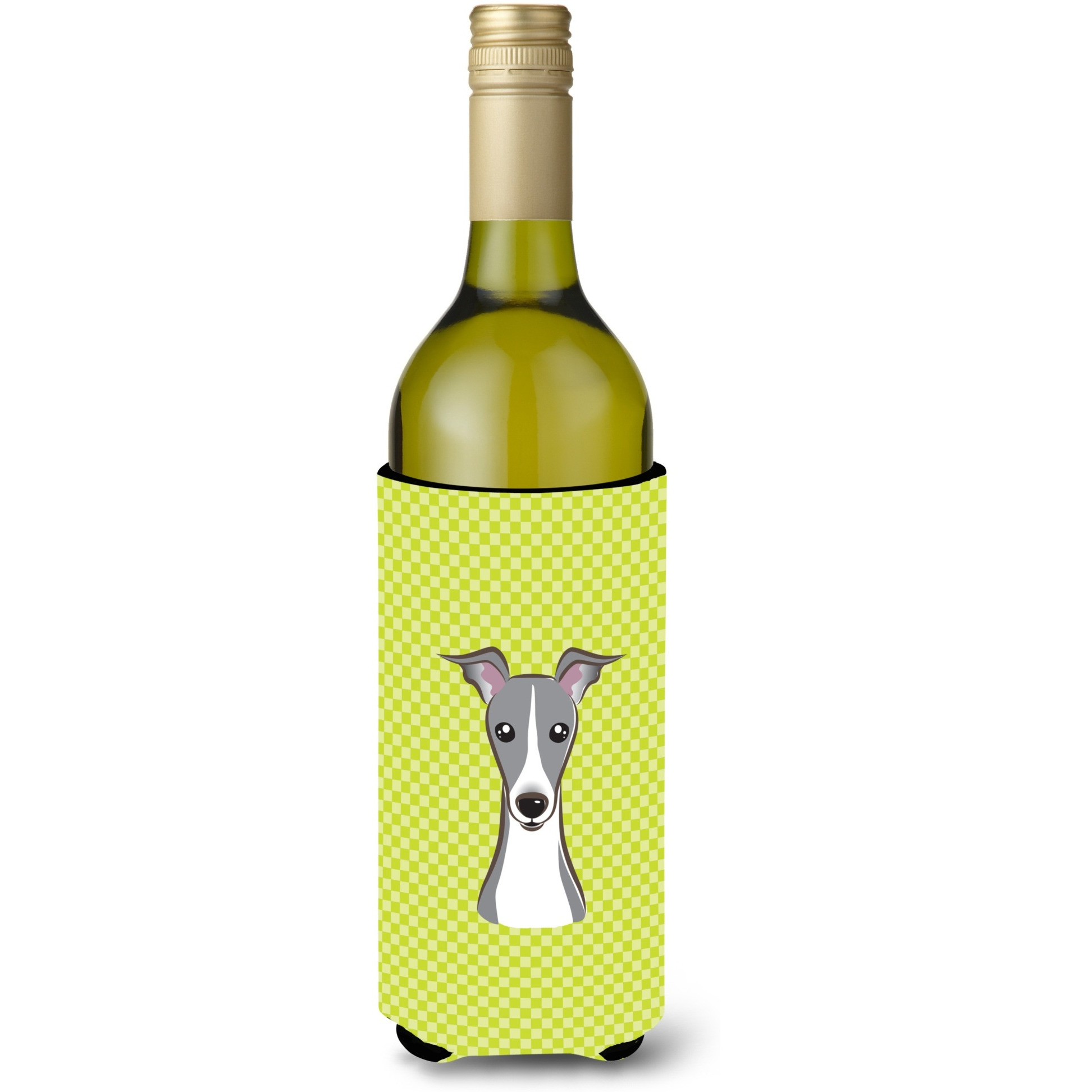 Checkerboard Lime Green Italian Greyhound Wine Bottle Beverage Insulator Hugger BB1298LITERK