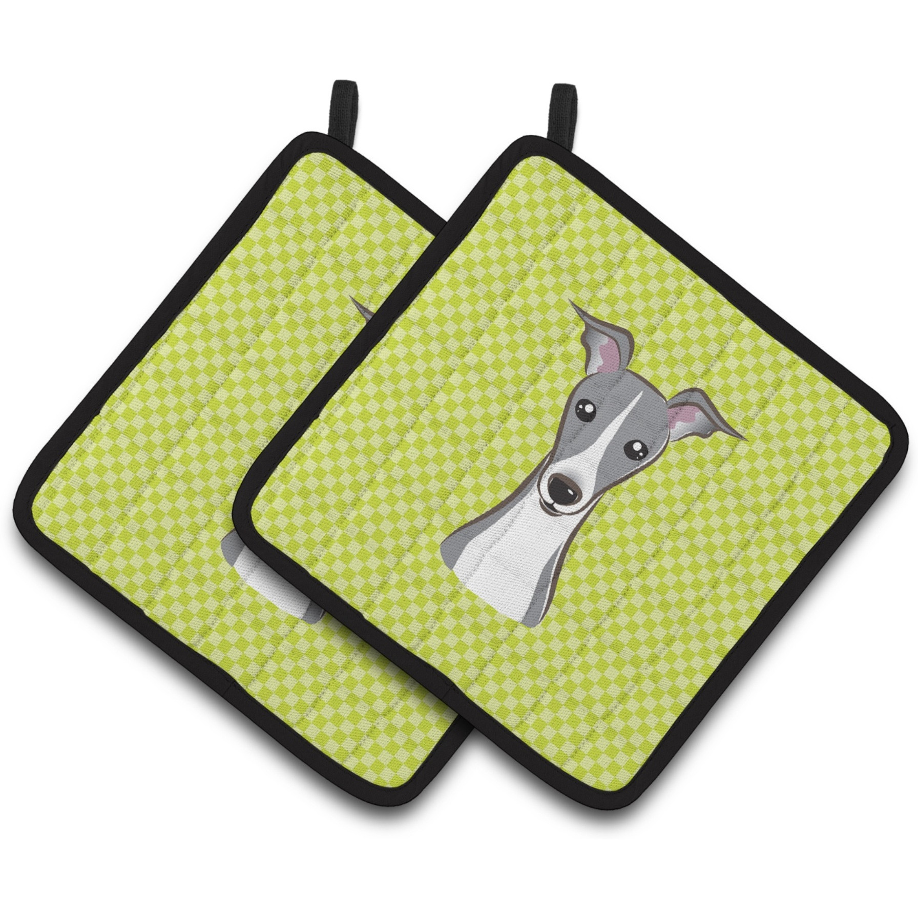 &quotCaroline's Treasures Checkerboard Lime green Italian Greyhound Pair of Pot Holders BB1298PTHD, 7.5HX7.5W, Multicolor"