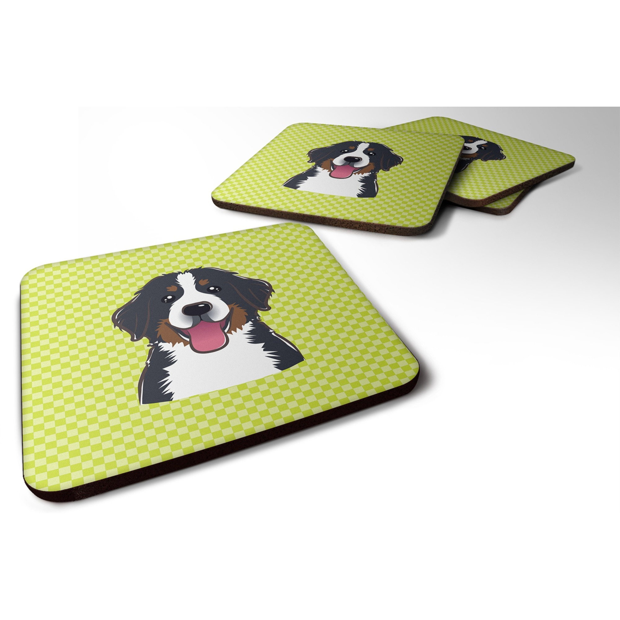 &quotCaroline's Treasures BB1299FC Checkerboard Lime Green Bernese Mountain Dog Foam Coaster (Set of 4), 3.5"" H x 3.5"" W, Multicolor"