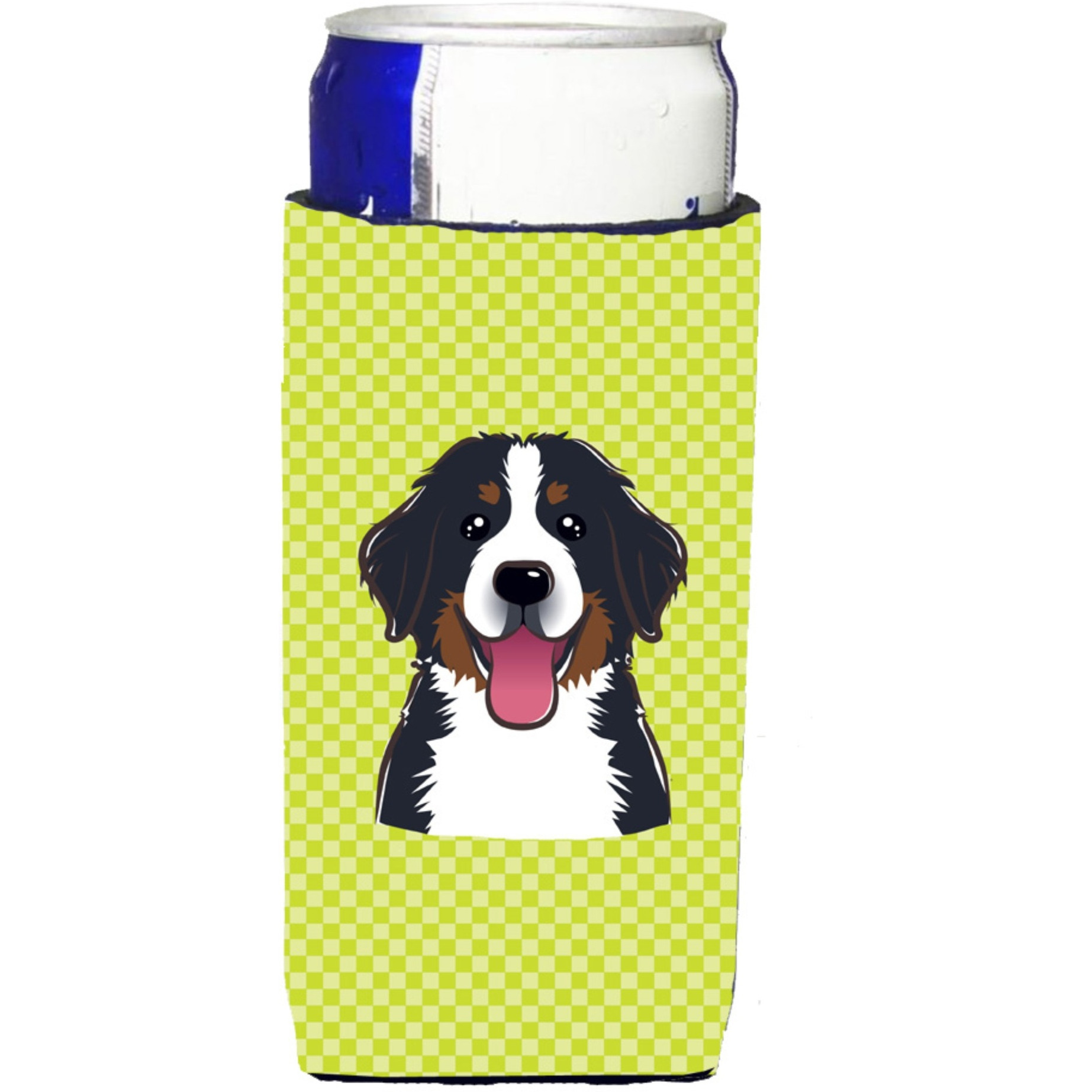 Checkerboard Lime Green Bernese Mountain Dog Ultra Beverage Insulators slim cans