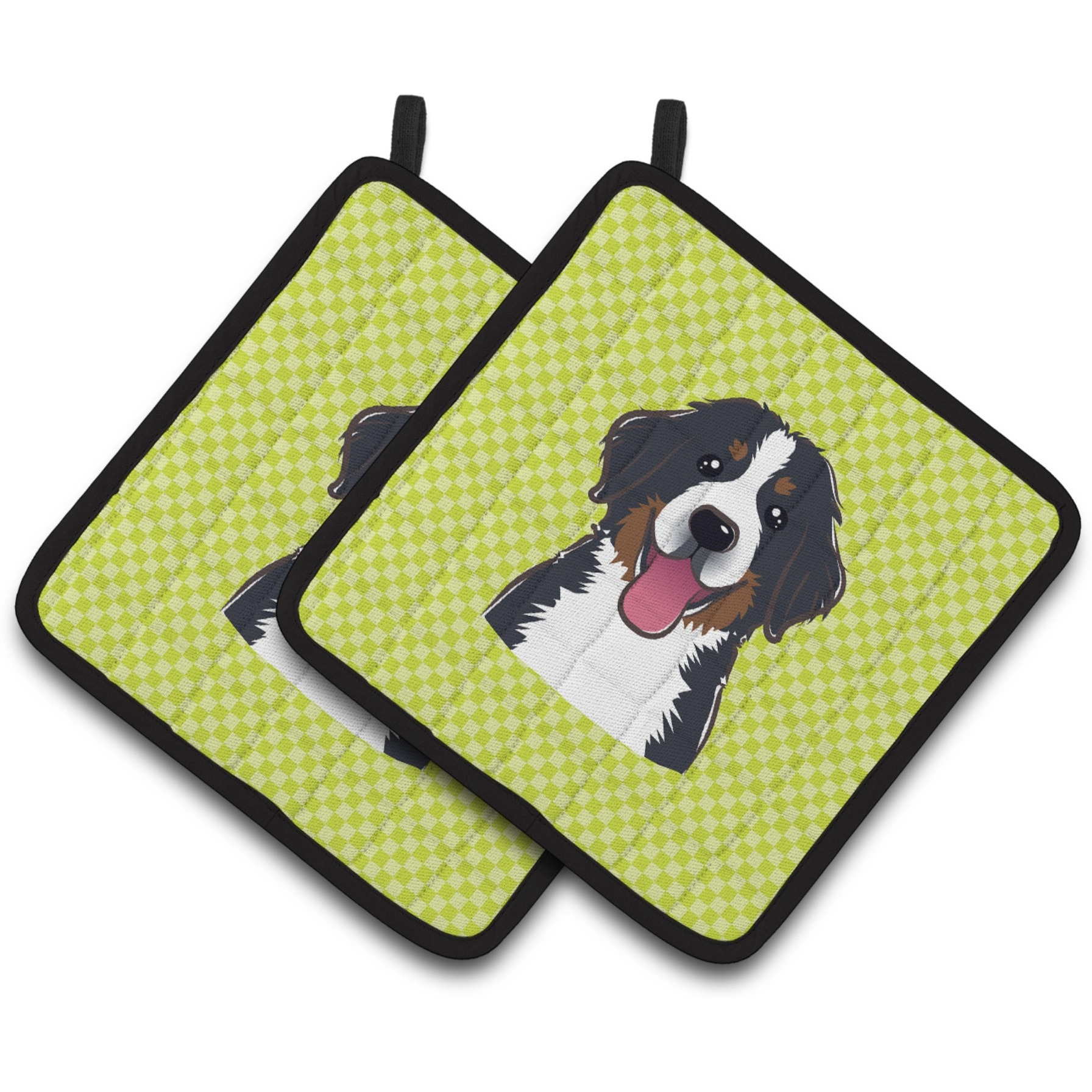 &quotCaroline's Treasures Checkerboard Lime green Bernese Mountain Dog Pair of Pot Holders BB1299PTHD, 7.5HX7.5W, Multicolor"