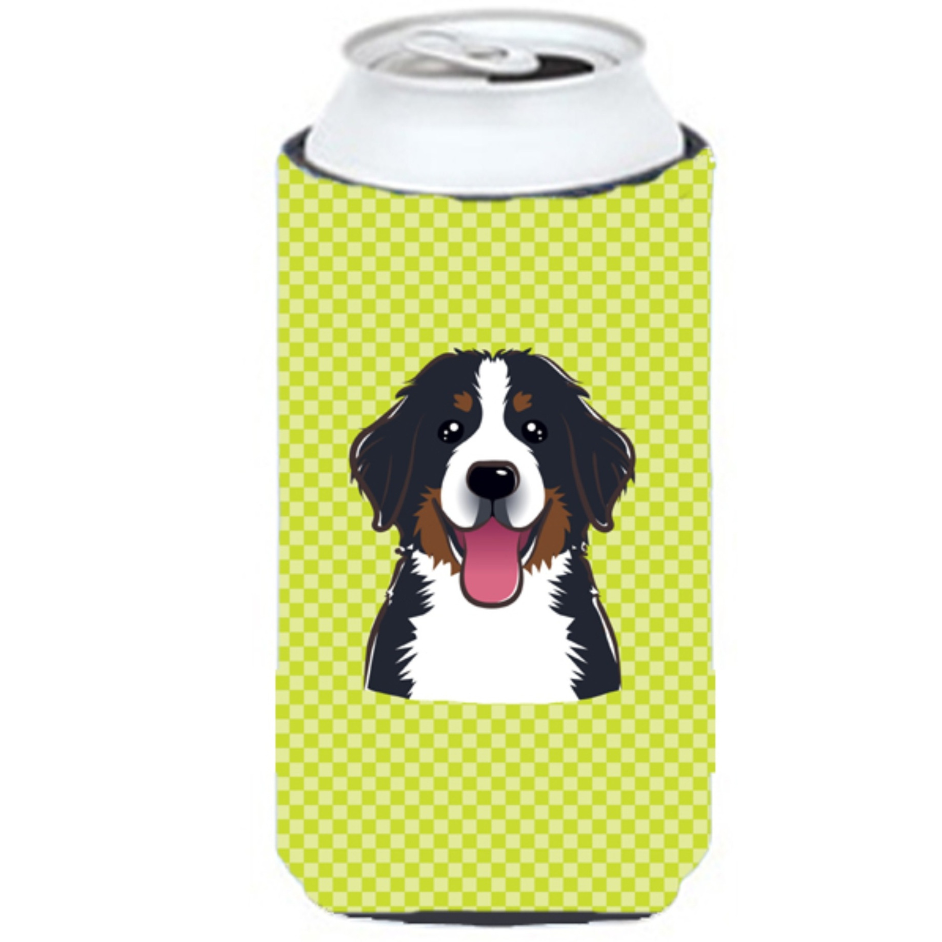 Checkerboard Lime Green Bernese Mountain Dog Tall Boy Beverage Insulator Hugger BB1299TBC
