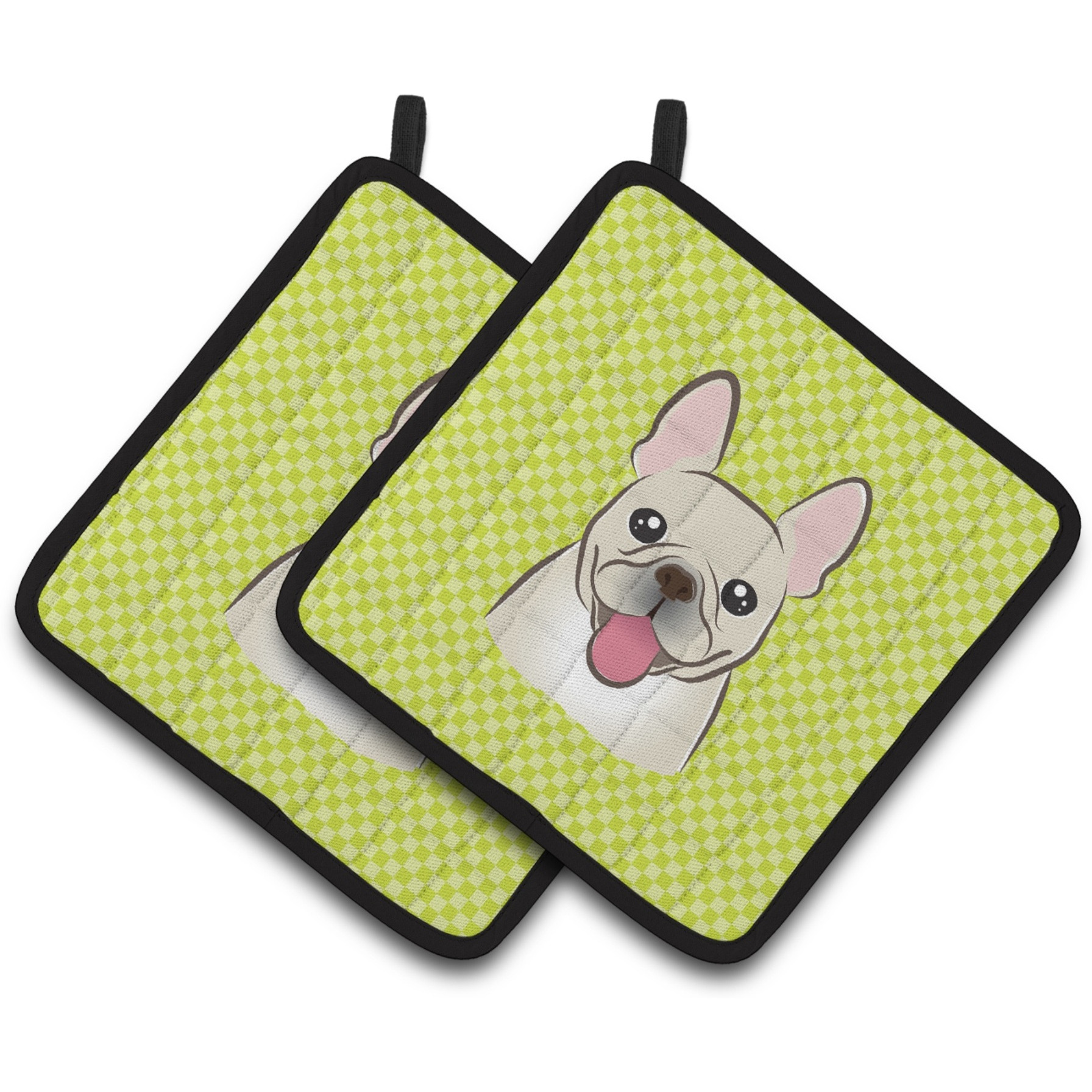 &quotCaroline's Treasures Checkerboard Lime green French Bulldog Pair of Pot Holders BB1300PTHD, 7.5HX7.5W, Multicolor"