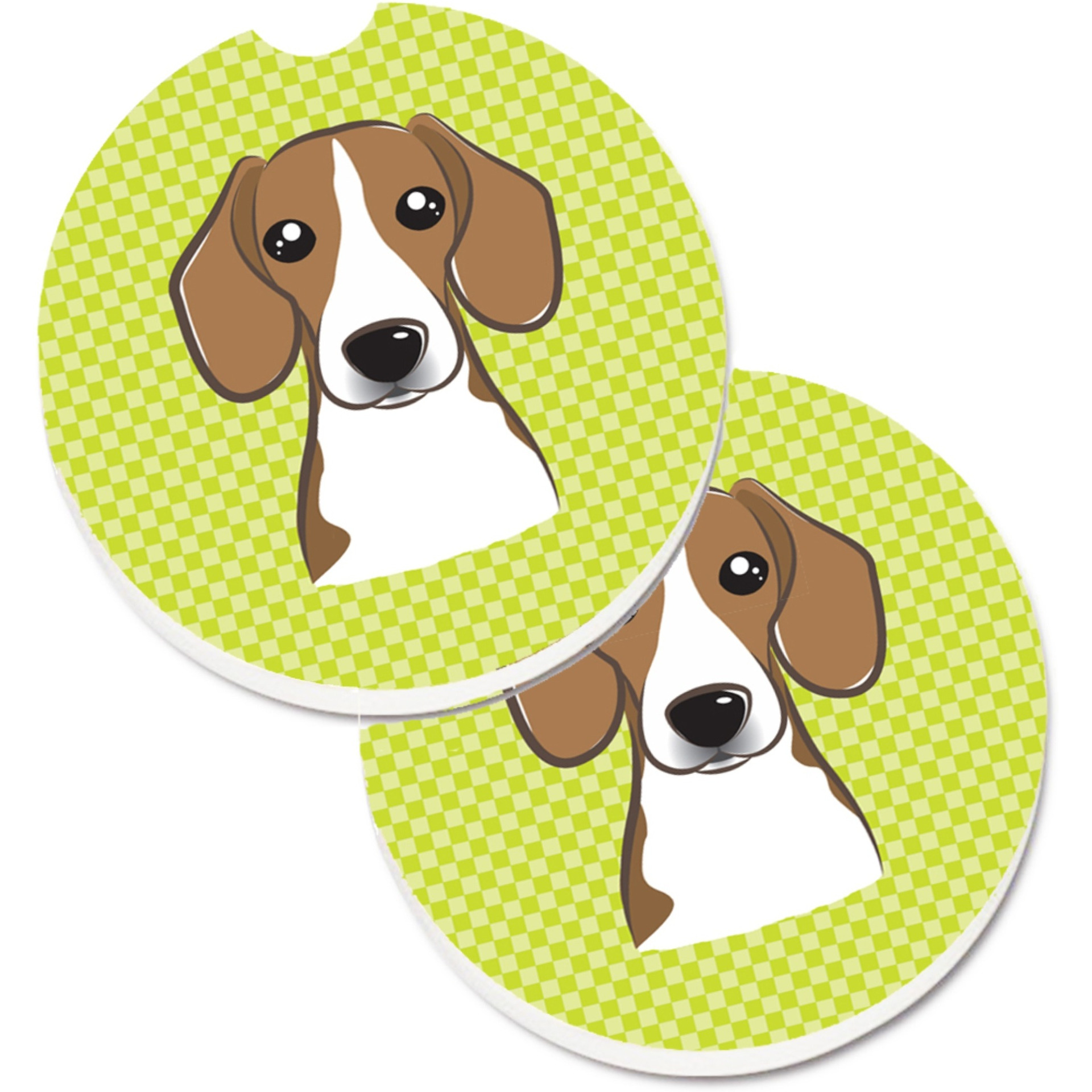 &quotCaroline's Treasures Checkerboard Lime green Beagle Set of 2 Cup Holder Car Coasters BB1301CARC, 2.56, Multicolor"