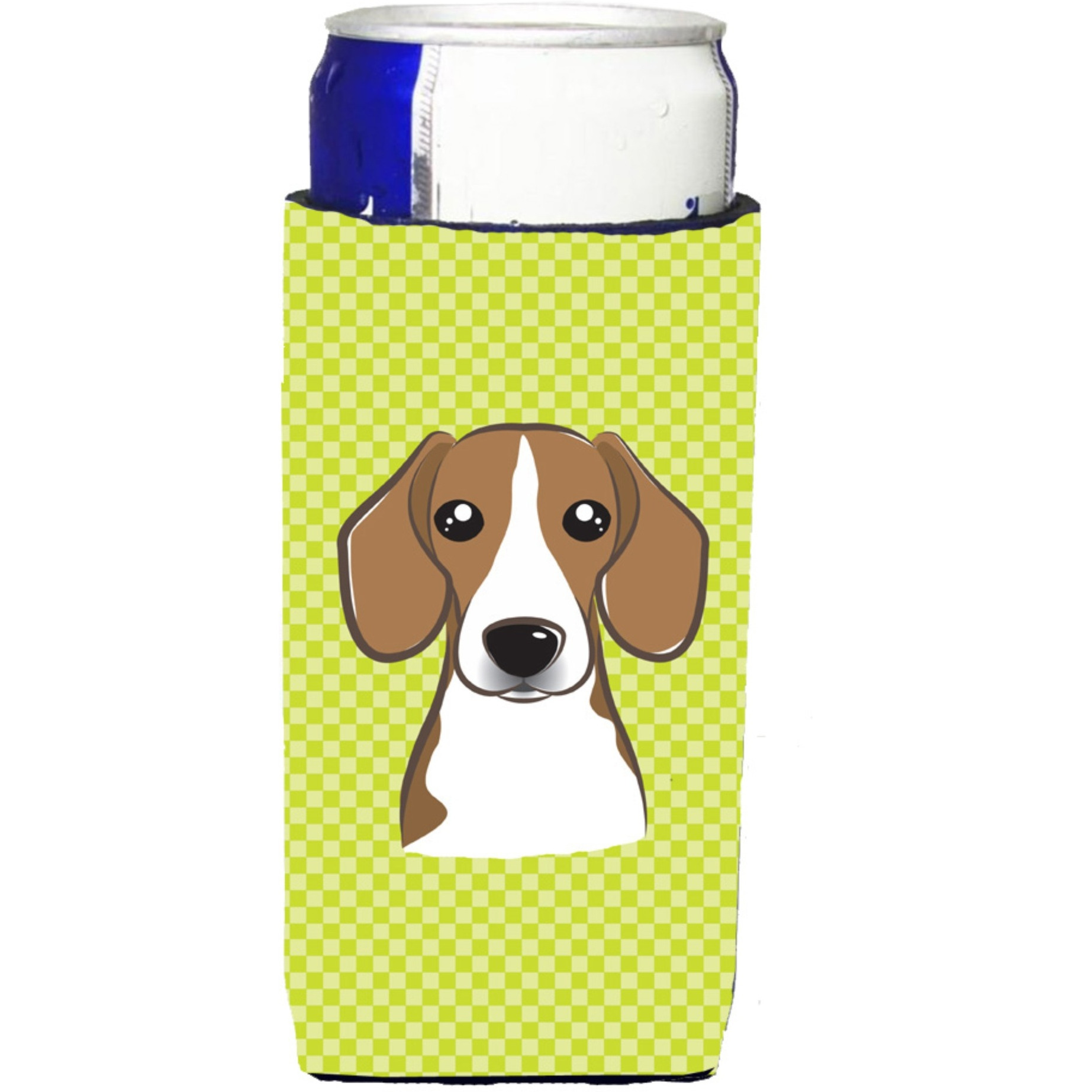 Checkerboard Lime Green Beagle Ultra Beverage Insulators for slim cans BB1301MUK