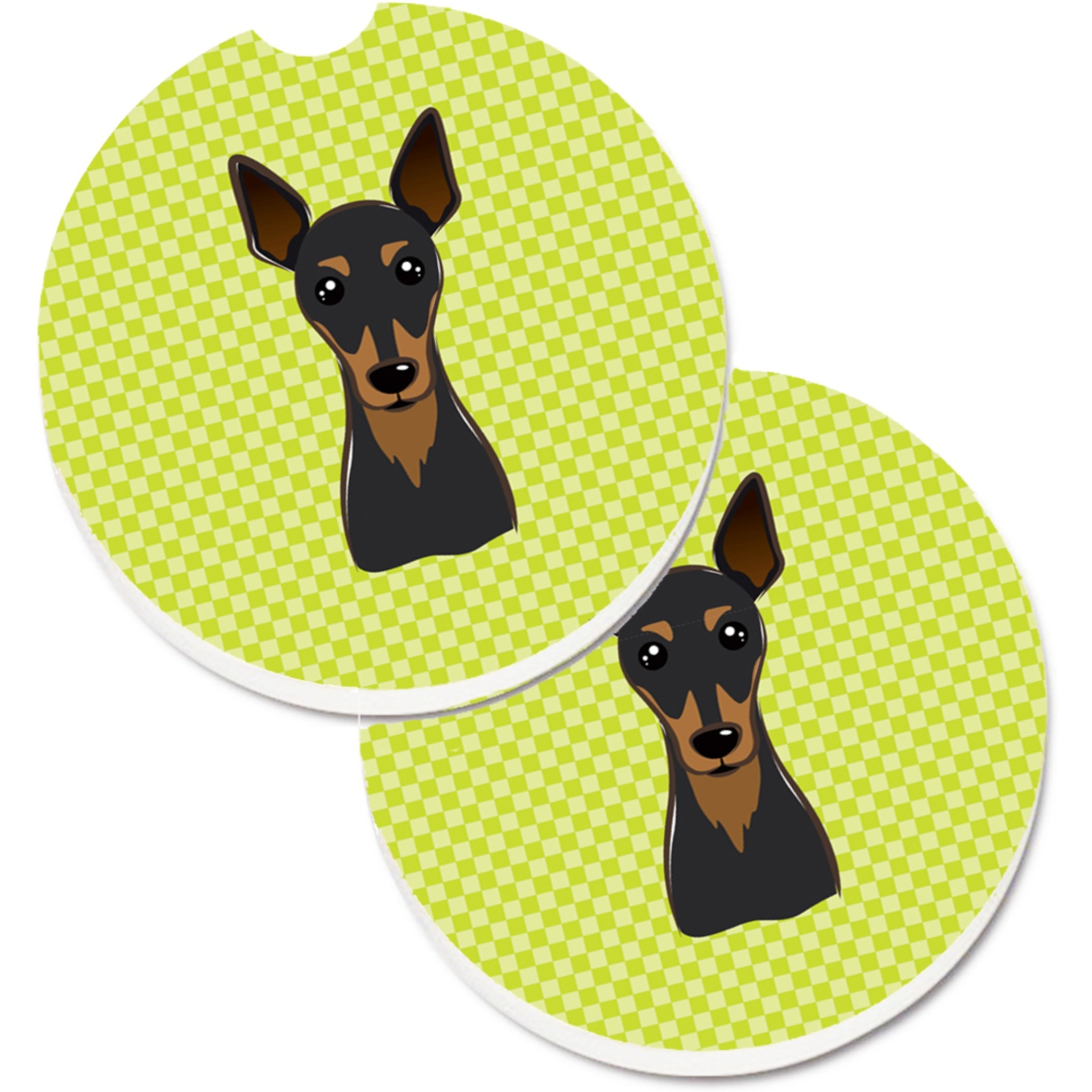 &quotCaroline's Treasures Checkerboard Lime green Min Pin Set of 2 Cup Holder Car Coasters BB1302CARC, 2.56, Multicolor"