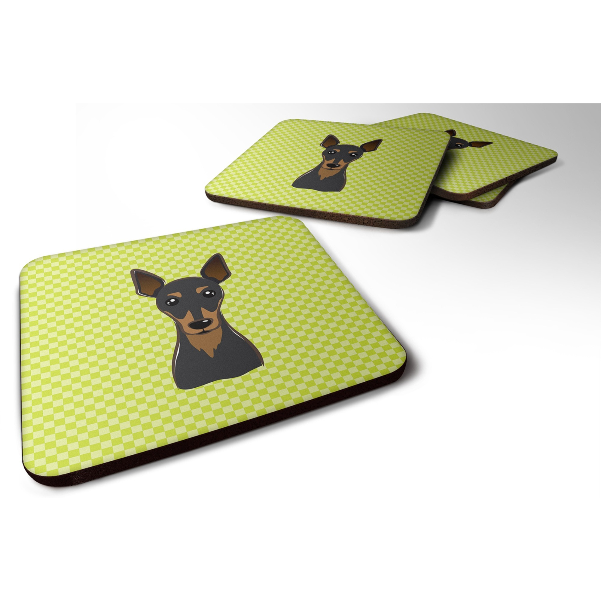 &quotCaroline's Treasures BB1302FC Checkerboard Lime Green Min Pin Foam Coaster (Set of 4), 3.5"" H x 3.5"" W, Multicolor"