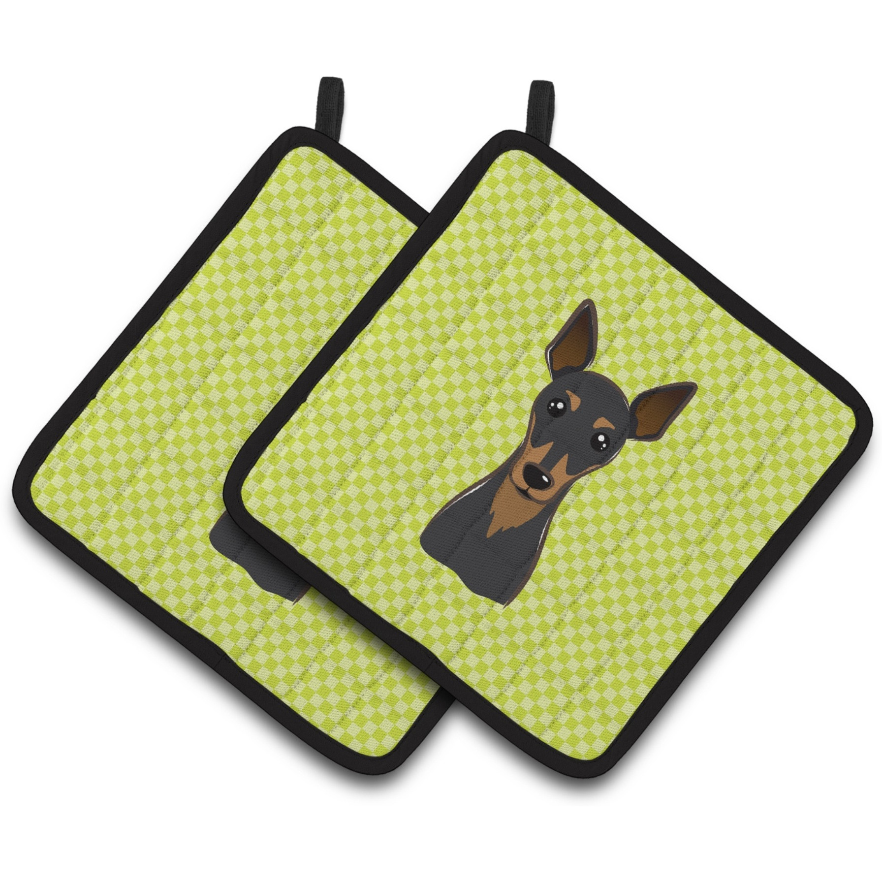 &quotCaroline's Treasures Checkerboard Lime green Min Pin Pair of Pot Holders BB1302PTHD, 7.5HX7.5W, Multicolor"