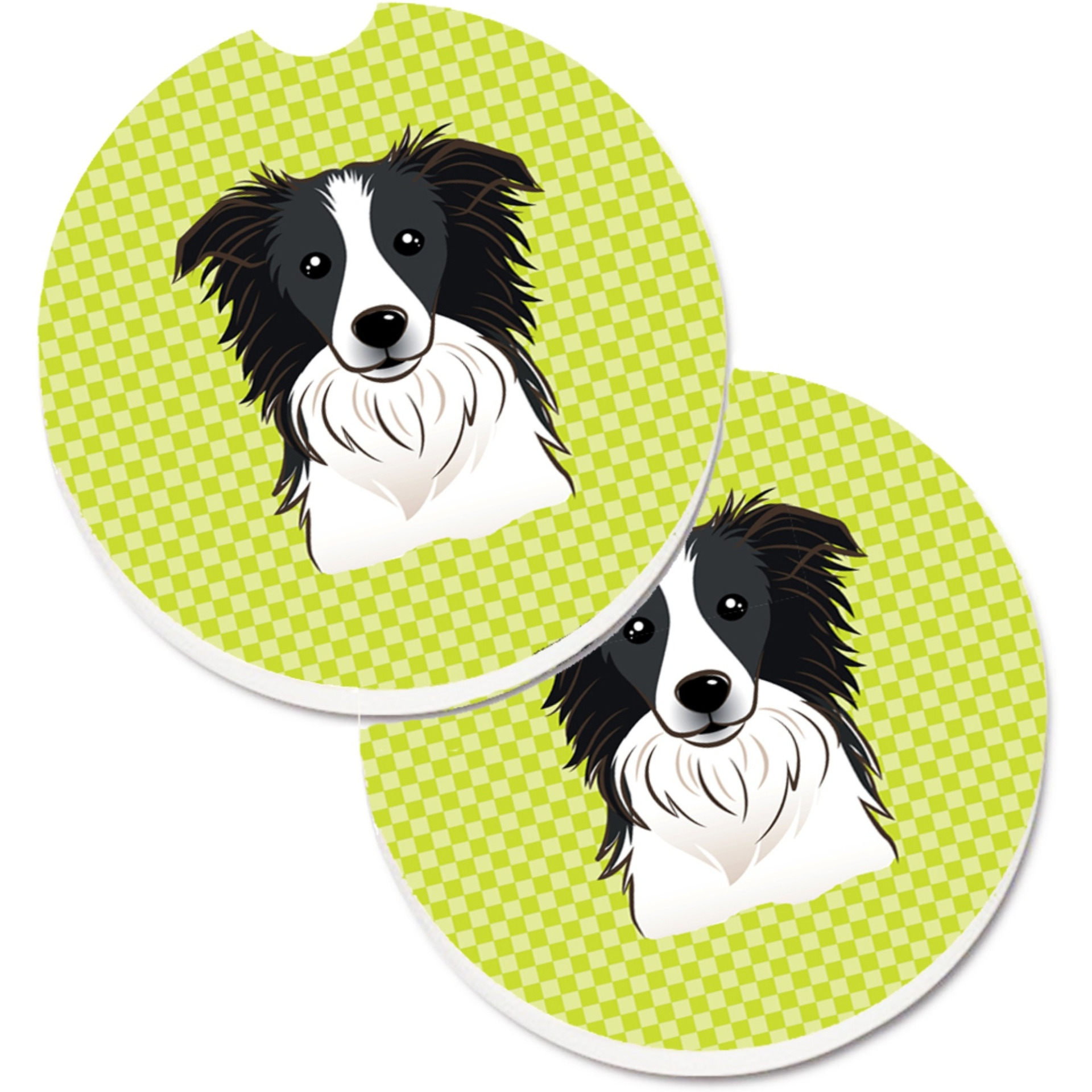 &quotCaroline's Treasures Checkerboard Lime green Border Collie Set of 2 Cup Holder Car Coasters BB1303CARC, 2.56, Multicolor"