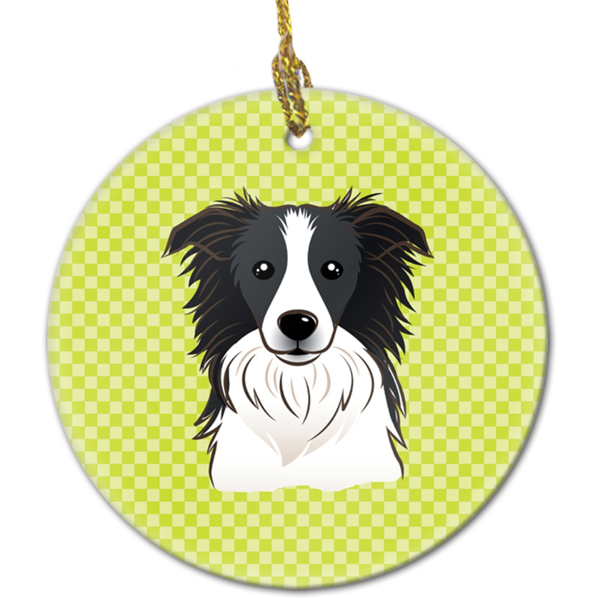 Checkerboard Lime Green Border Collie Ceramic Ornament BB1303CO1