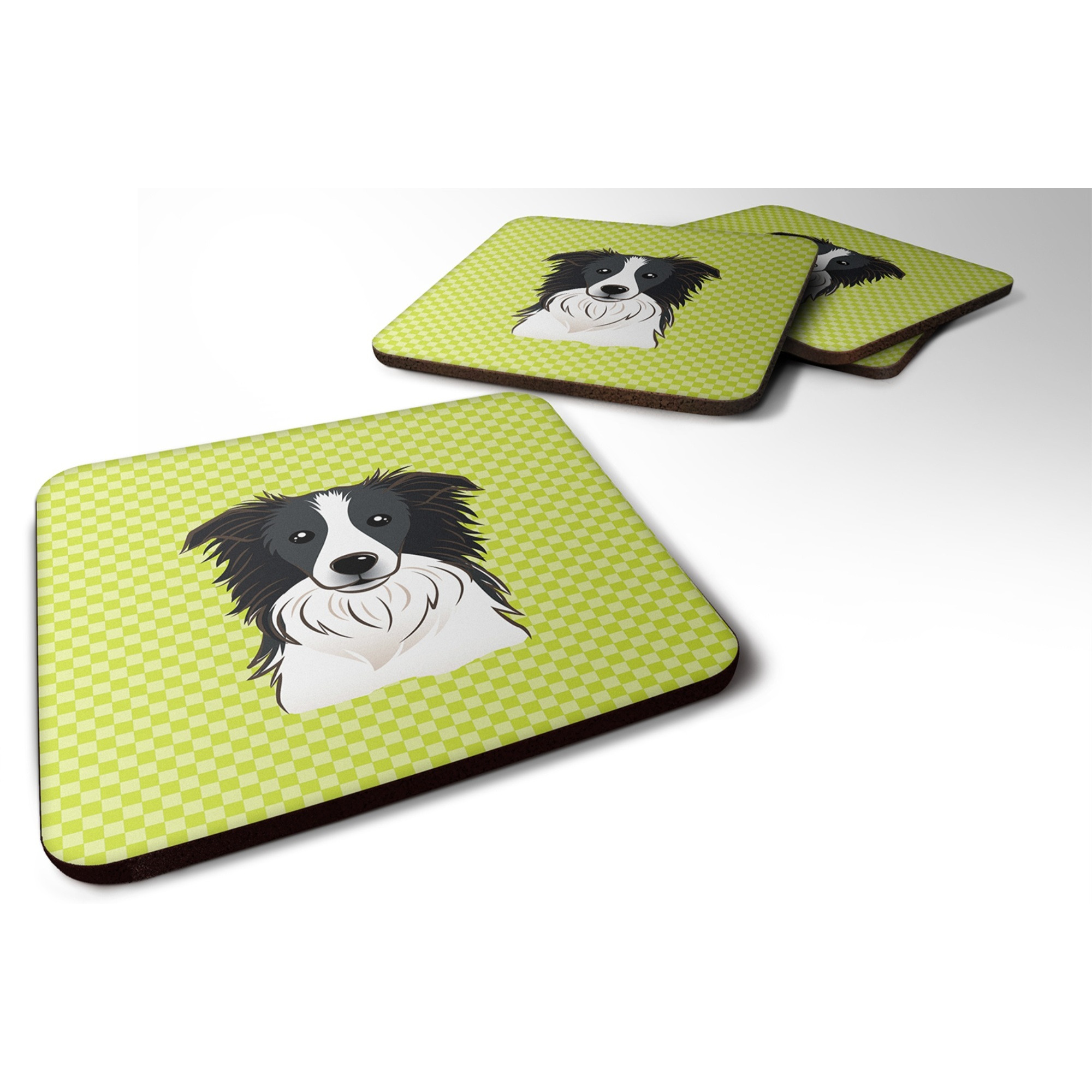 &quotCaroline's Treasures BB1303FC Checkerboard Lime Green Border Collie Foam Coaster (Set of 4), 3.5"" H x 3.5"" W, Multicolor"
