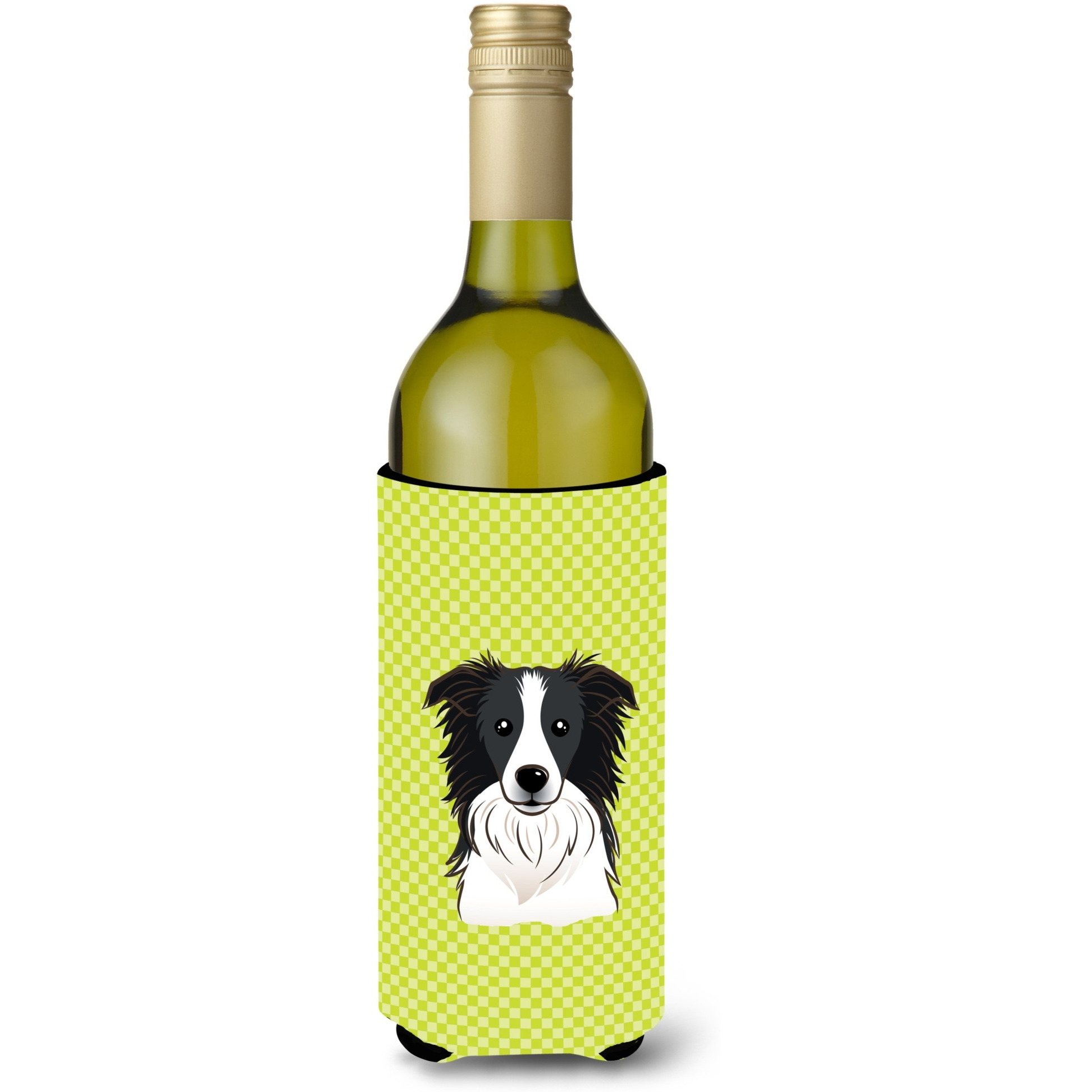 Checkerboard Lime Green Border Collie Wine Bottle Beverage Insulator Hugger BB1303LITERK