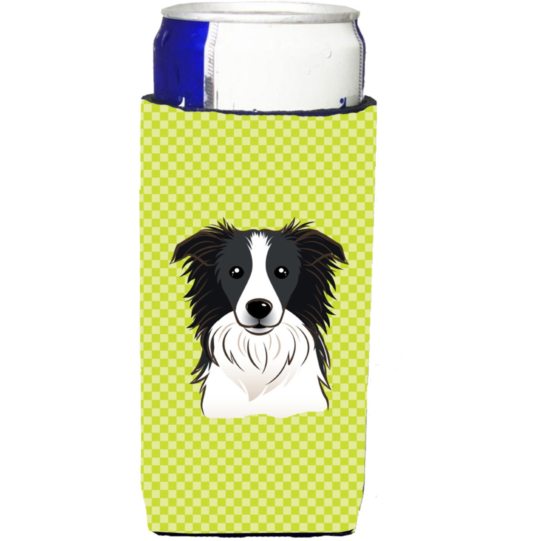 Checkerboard Lime Green Border Collie Ultra Beverage Insulators for slim cans