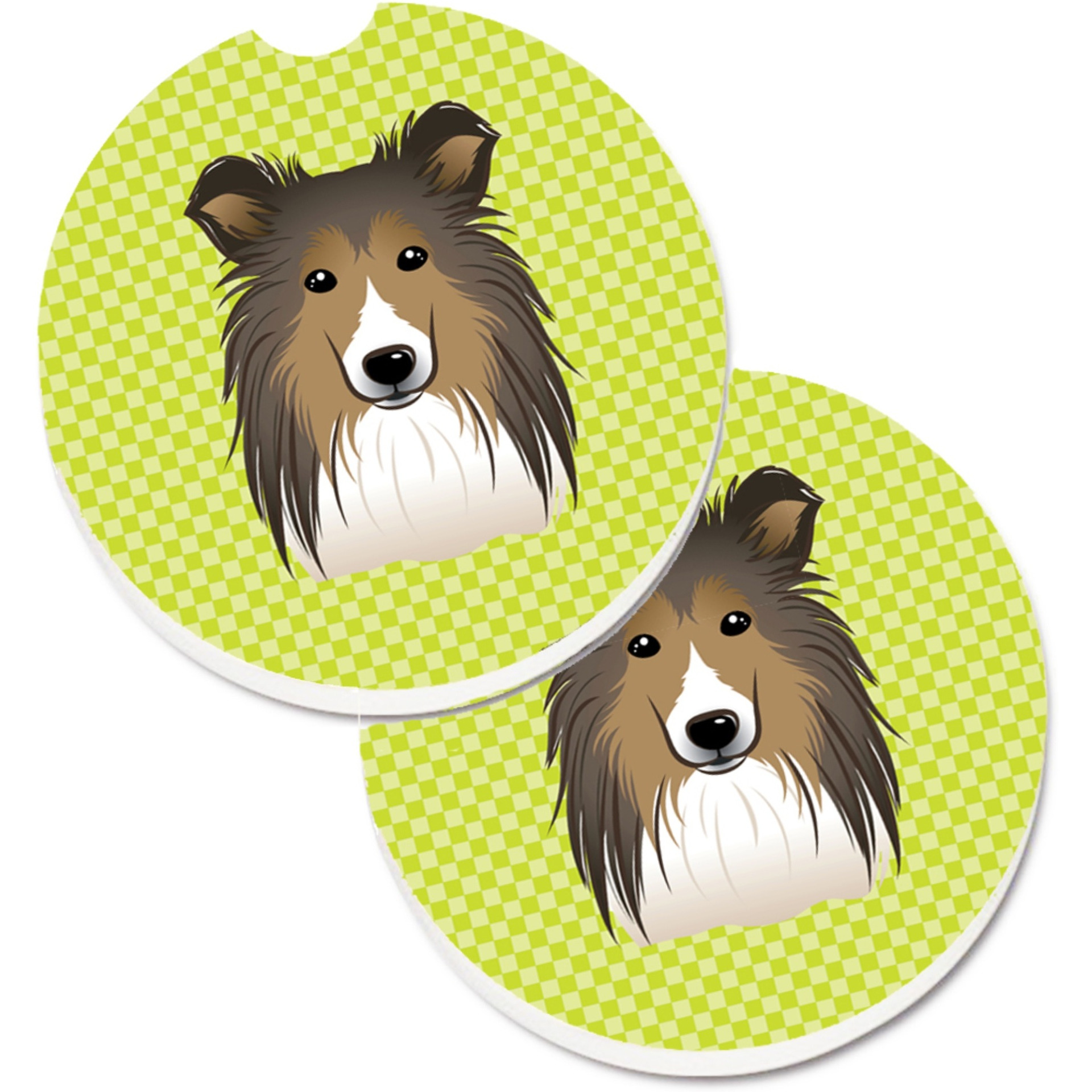 &quotCaroline's Treasures Checkerboard Lime green Sheltie Set of 2 Cup Holder Car Coasters BB1304CARC, 2.56, Multicolor"