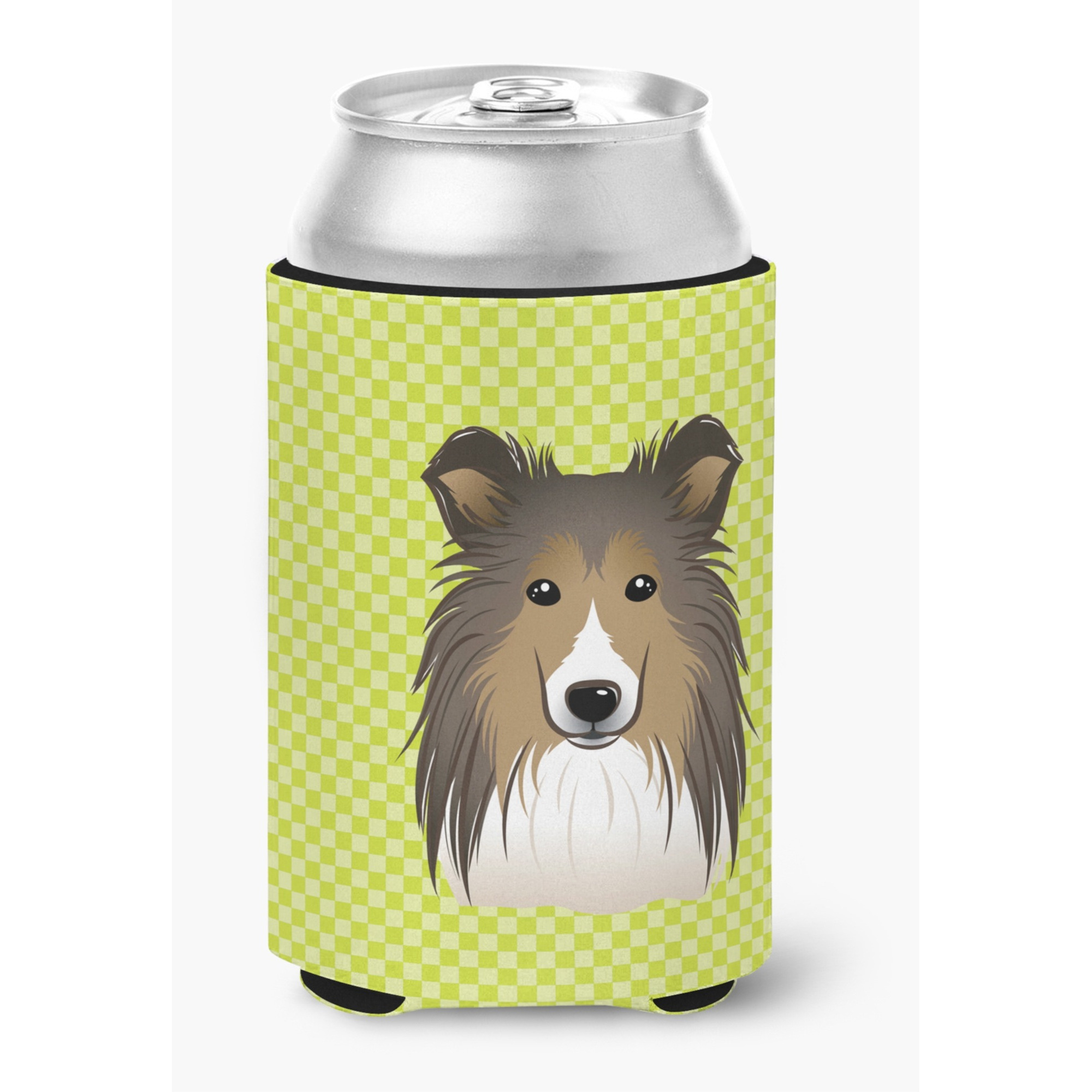 Checkerboard Lime Green Sheltie Can or Bottle Hugger BB1304CC