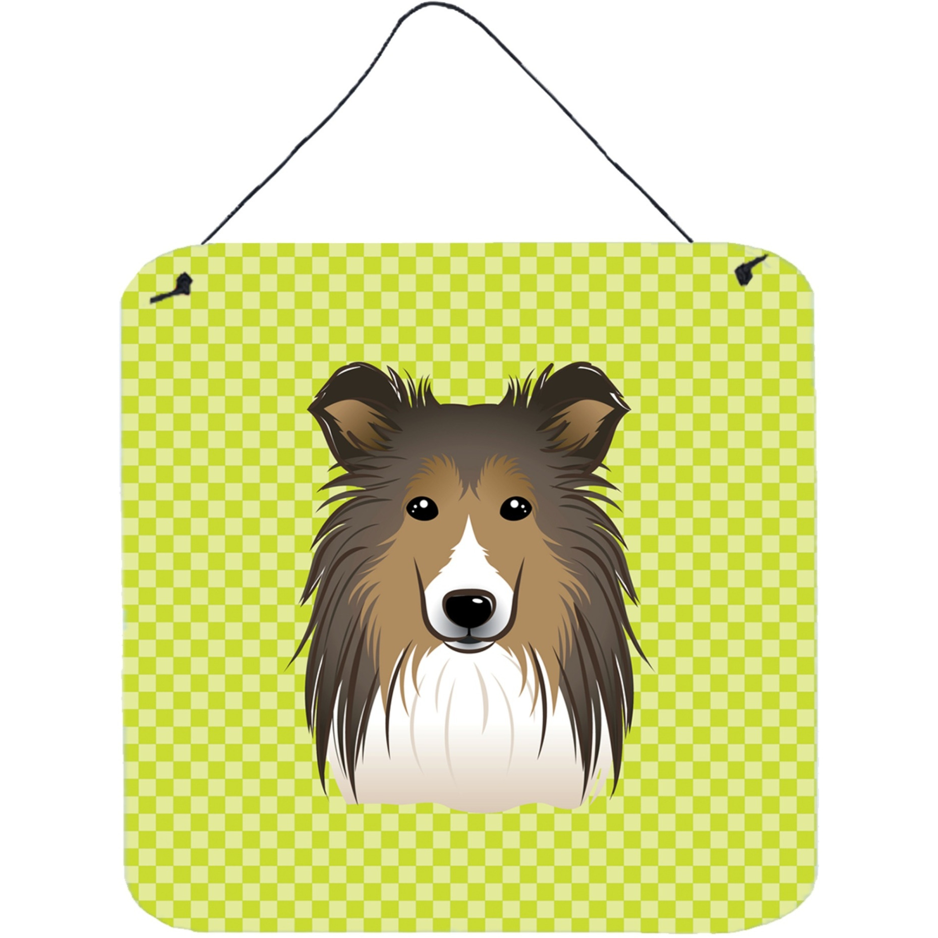 &quotCaroline's Treasures Checkerboard Lime Green Sheltie Wall or Door Hanging Prints, 6 x 6"""