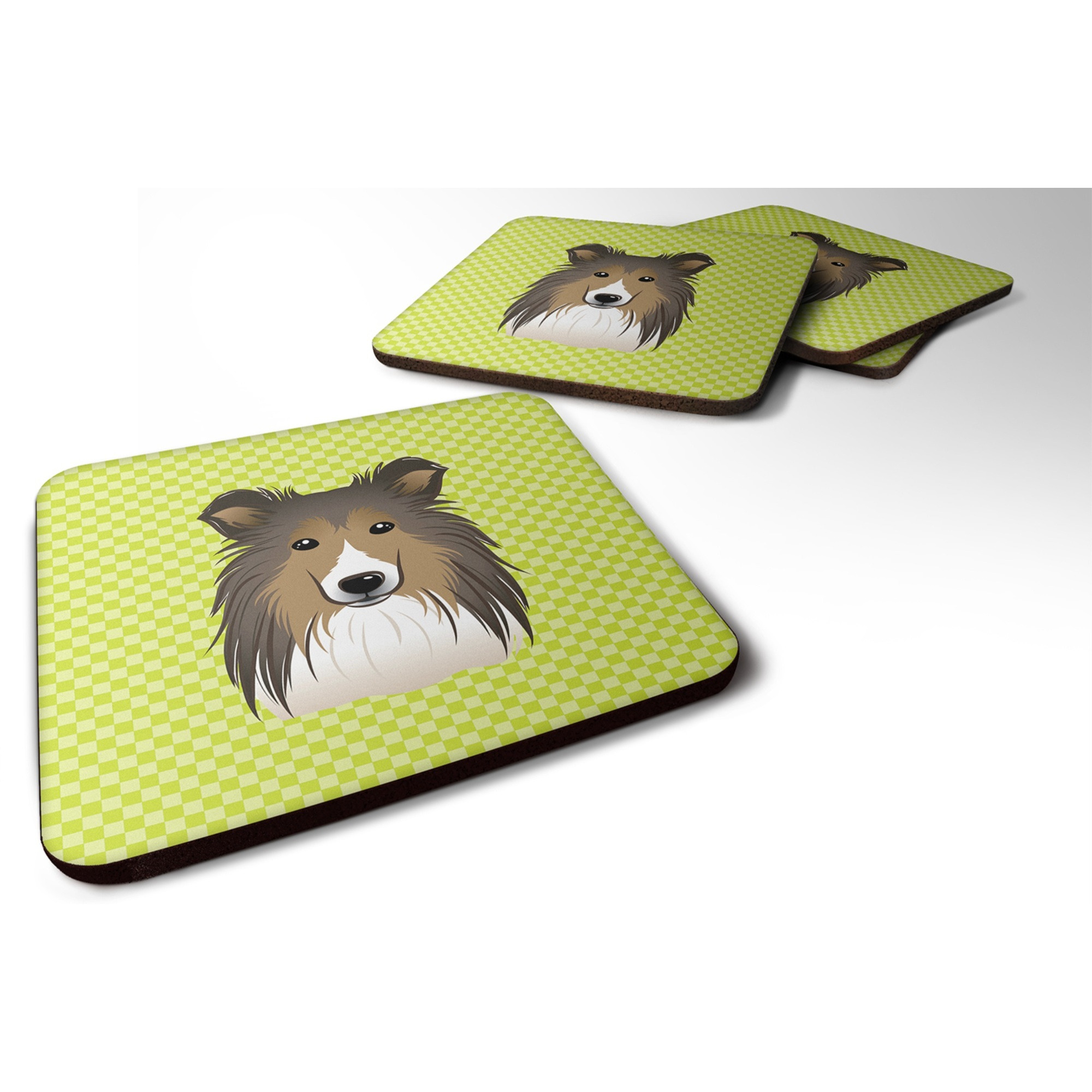 &quotCaroline's Treasures BB1304FC Checkerboard Lime Green Sheltie Foam Coaster (Set of 4), 3.5"" H x 3.5"" W, Multicolor"