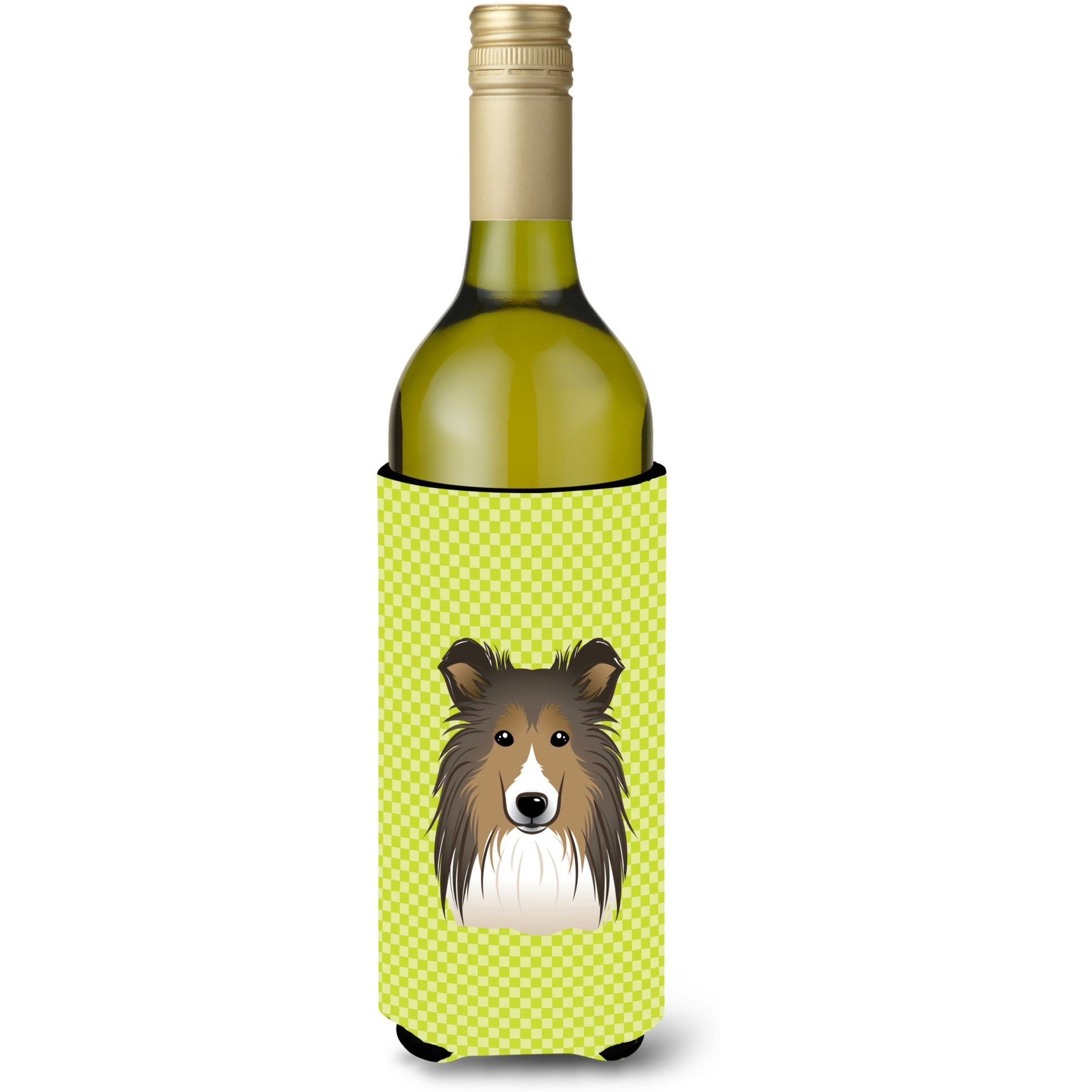 Checkerboard Lime Green Sheltie Wine Bottle Beverage Insulator Hugger BB1304LITERK