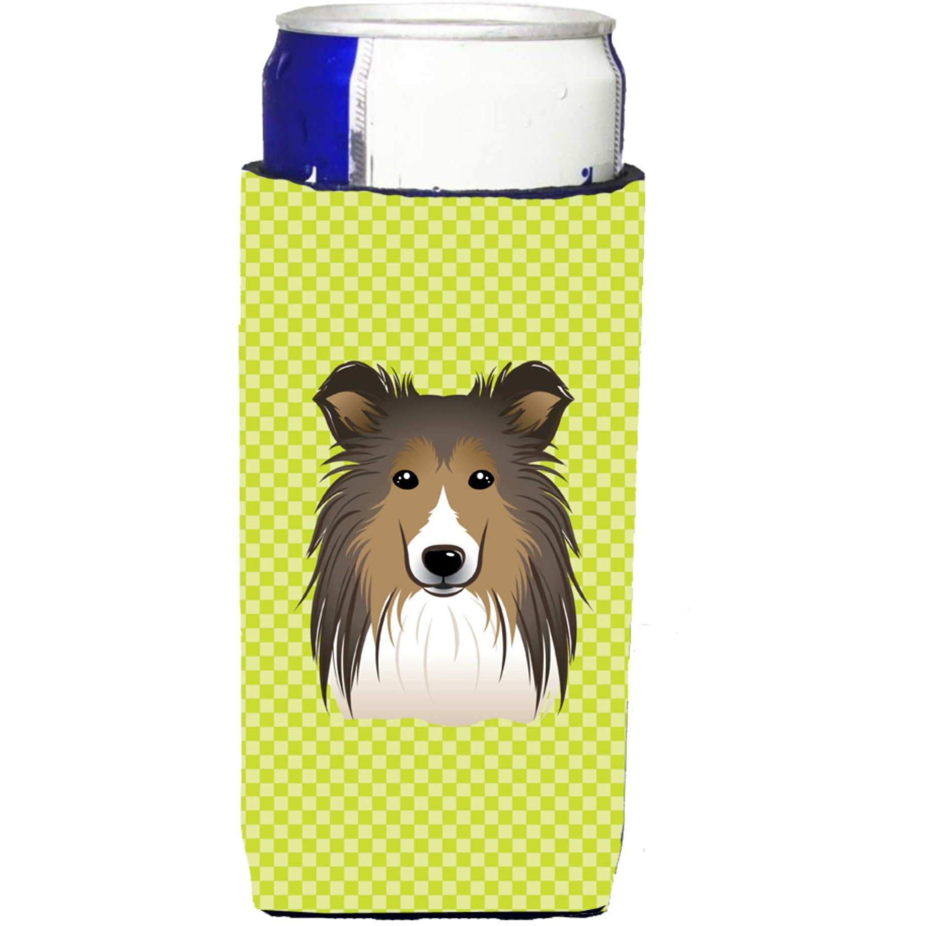 Checkerboard Lime Green Sheltie Ultra Beverage Insulators for slim cans BB1304MUK