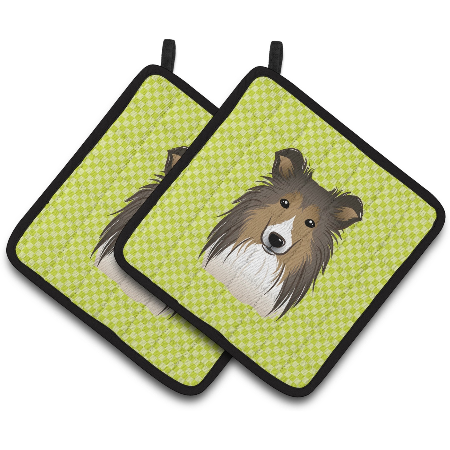 &quotCaroline's Treasures Checkerboard Lime green Sheltie Pair of Pot Holders BB1304PTHD, 7.5HX7.5W, Multicolor"