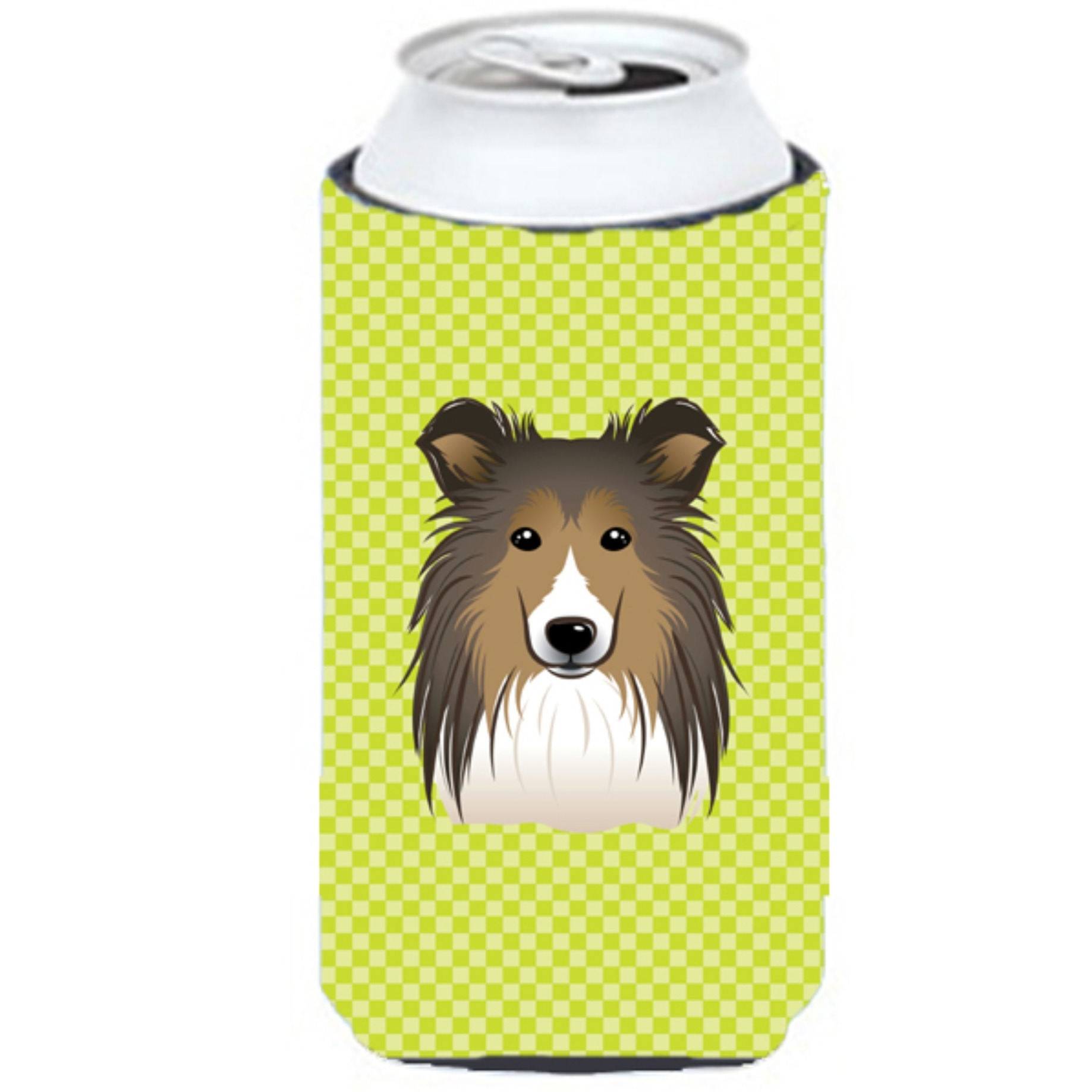 Checkerboard Lime Green Sheltie Tall Boy Beverage Insulator Hugger BB1304TBC