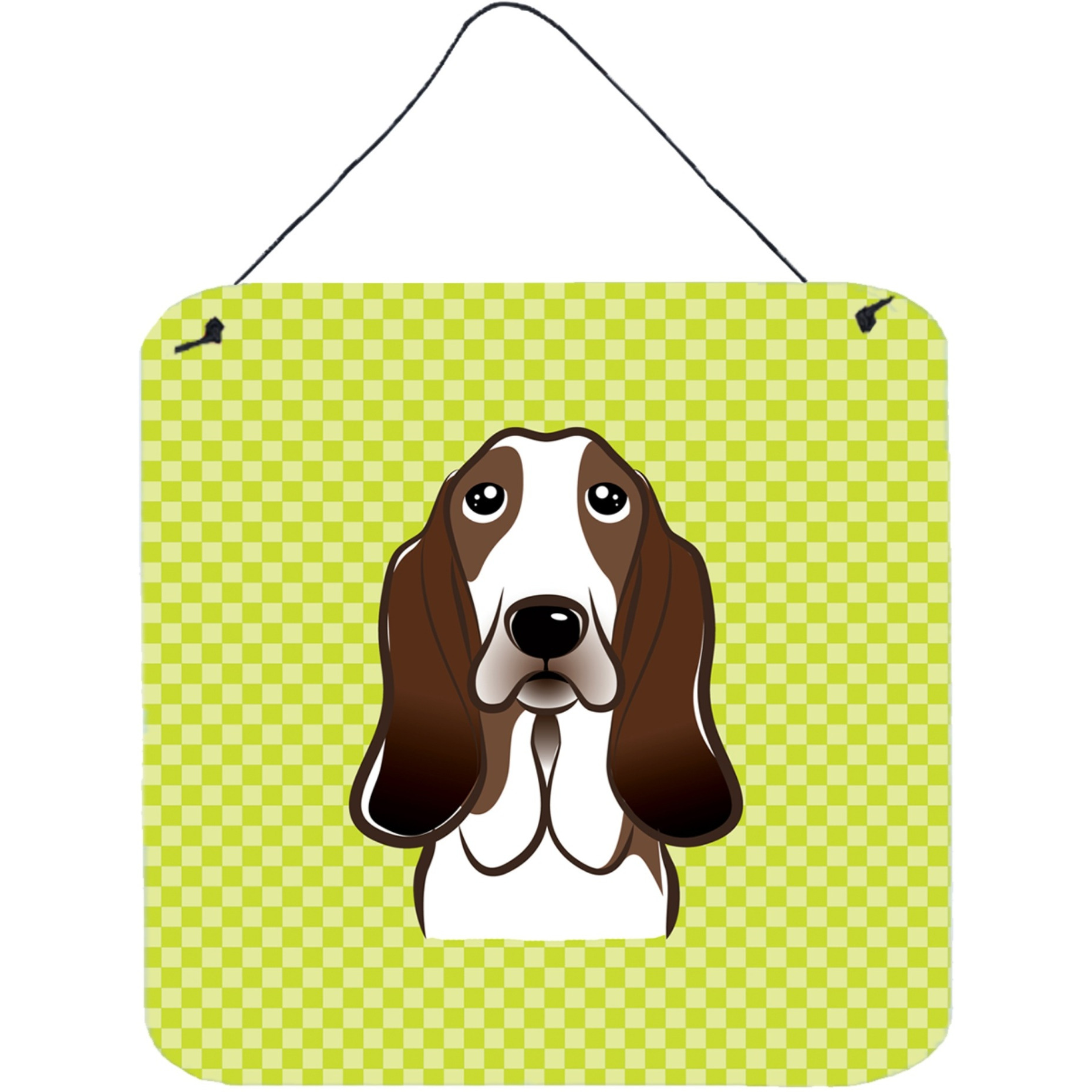 &quotCaroline's Treasures Checkerboard Lime Green Basset Hound Wall or Door Hanging Prints, 6 x 6"""