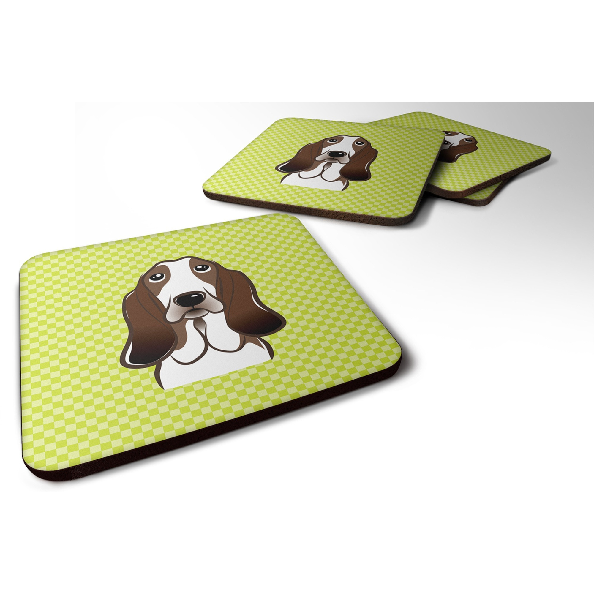 &quotCaroline's Treasures BB1305FC Checkerboard Lime Green Basset Hound Foam Coaster (Set of 4), 3.5"" H x 3.5"" W, Multicolor"