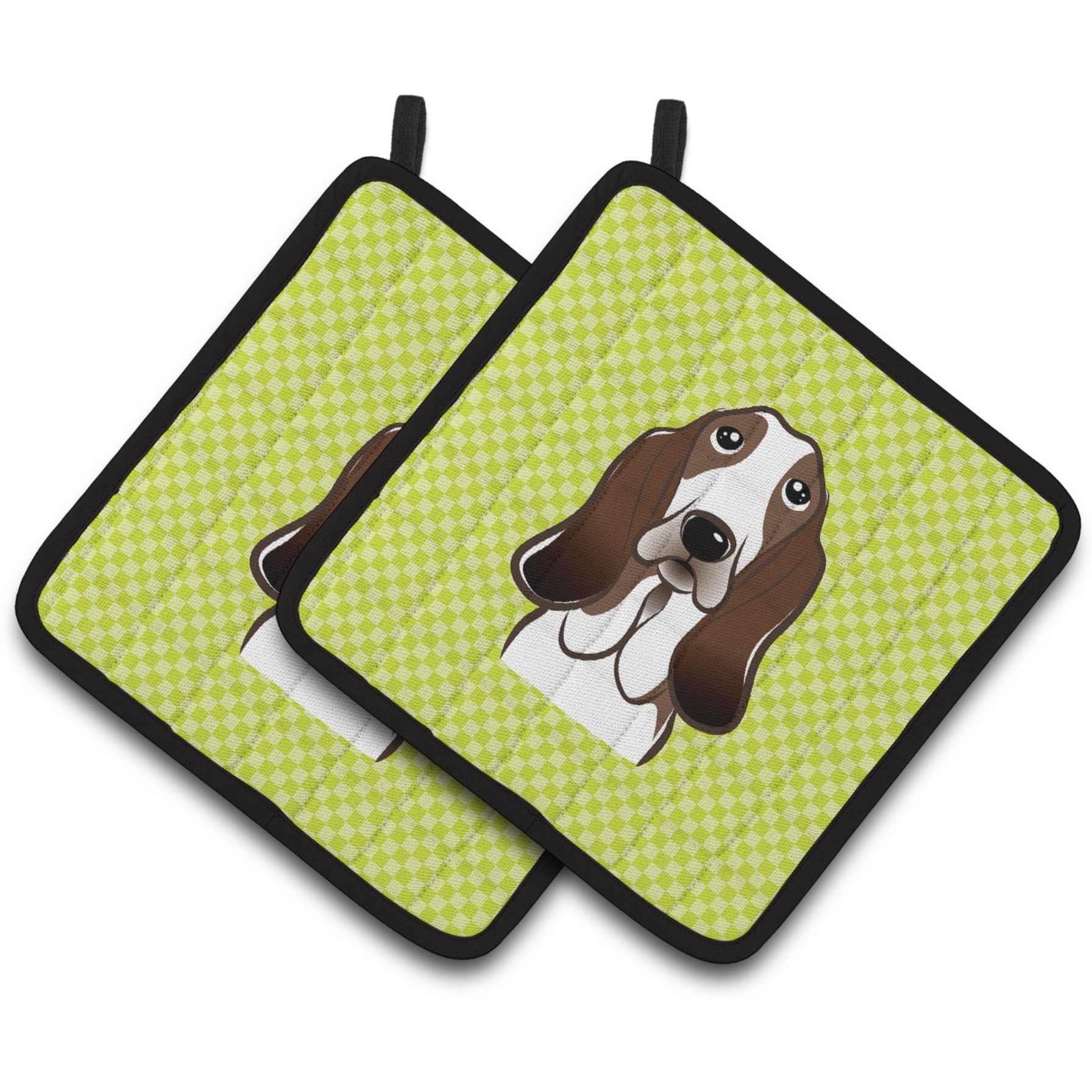 &quotCaroline's Treasures Checkerboard Lime green Basset Hound Pair of Pot Holders BB1305PTHD, 7.5HX7.5W, Multicolor"
