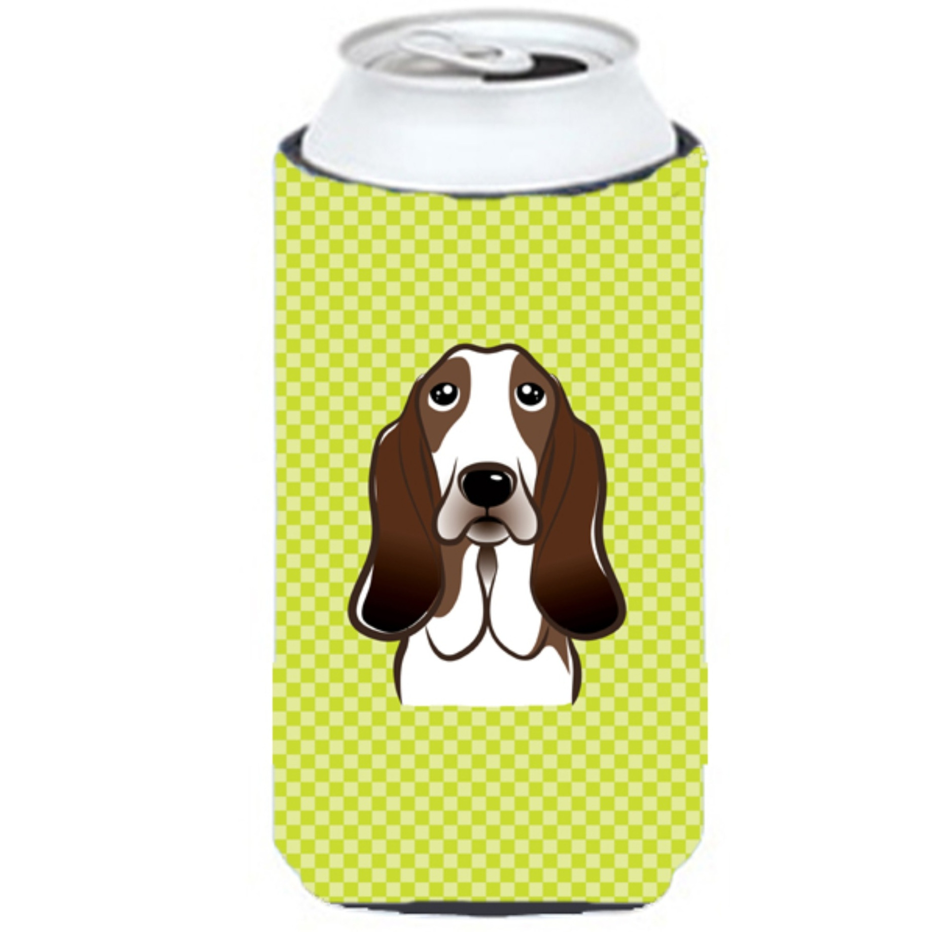 Checkerboard Lime Green Basset Hound Tall Boy Beverage Insulator Hugger BB1305TBC