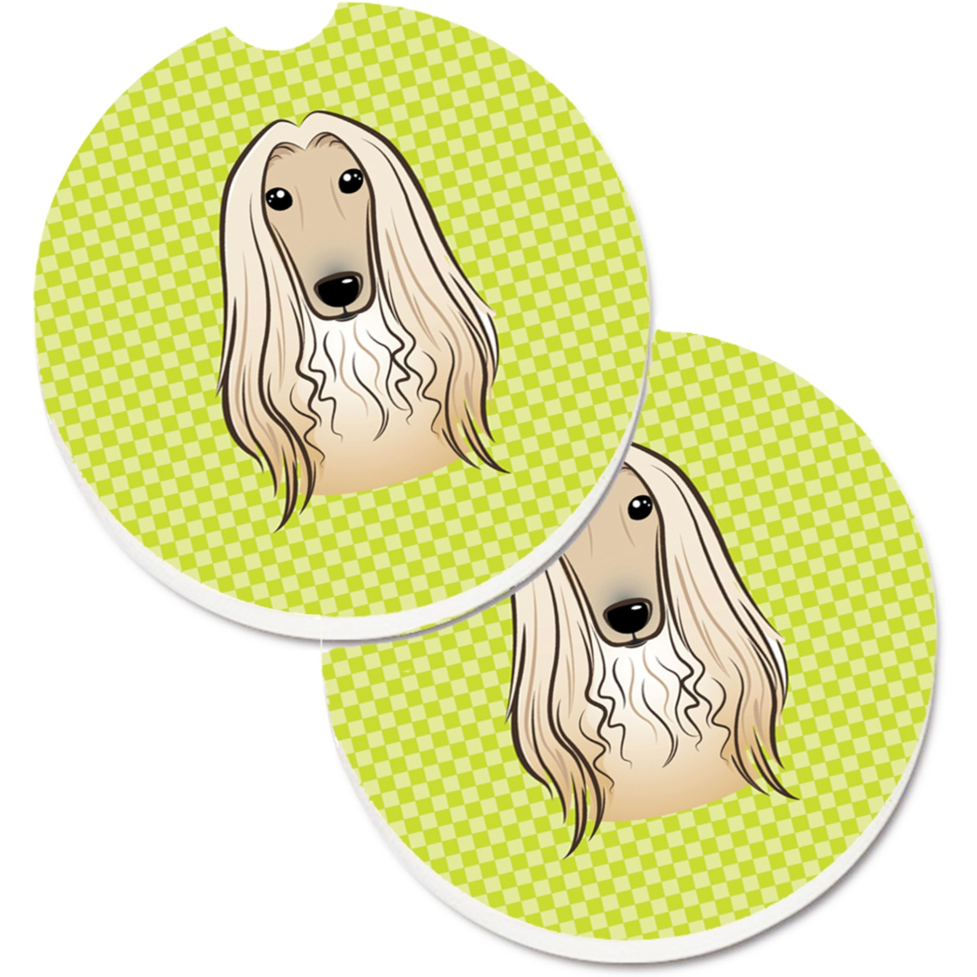 &quotCaroline's Treasures Checkerboard Lime green Afghan Hound Set of 2 Cup Holder Car Coasters BB1306CARC, 2.56, Multicolor"