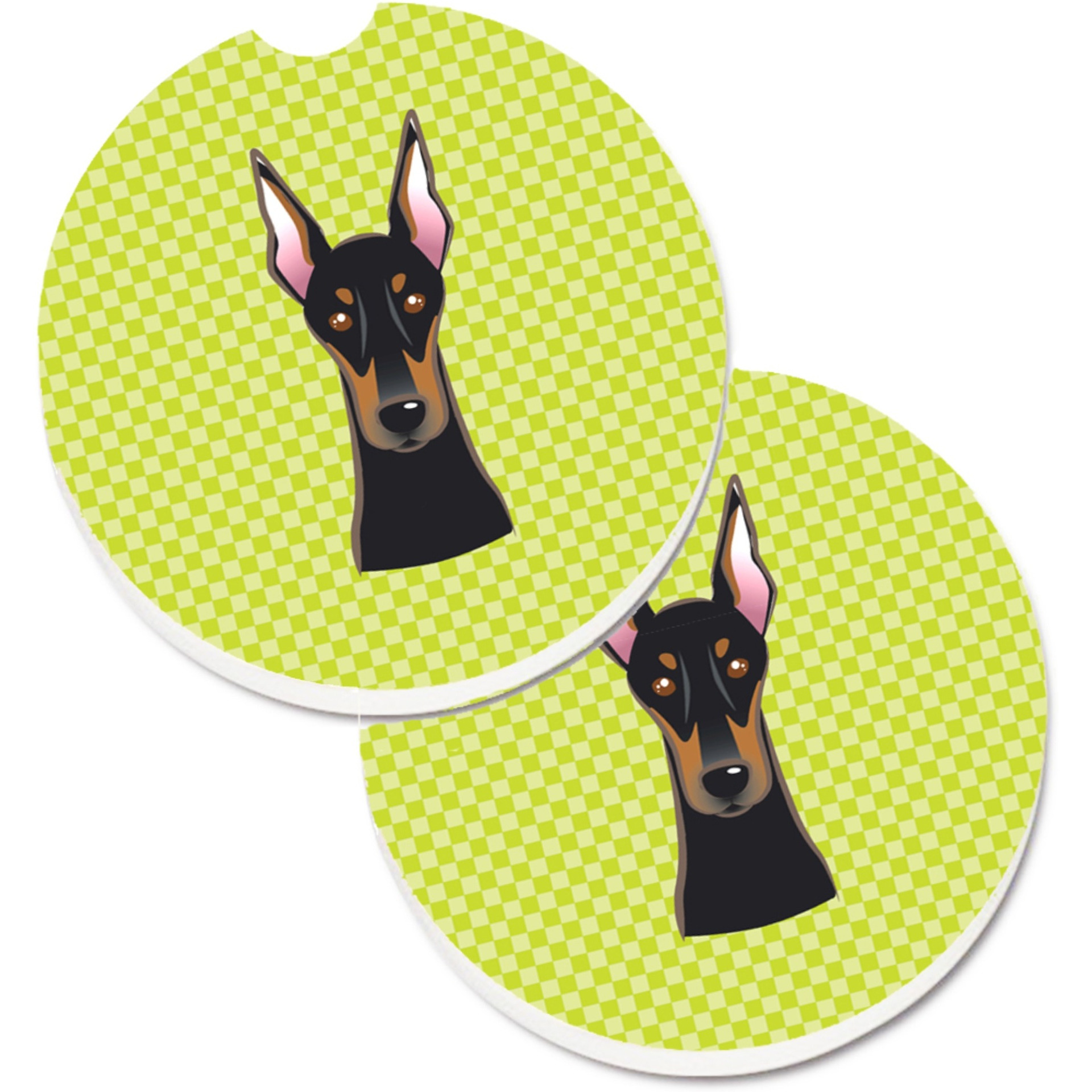 &quotCaroline's Treasures Checkerboard Lime green Doberman Set of 2 Cup Holder Car Coasters BB1307CARC, 2.56, Multicolor"