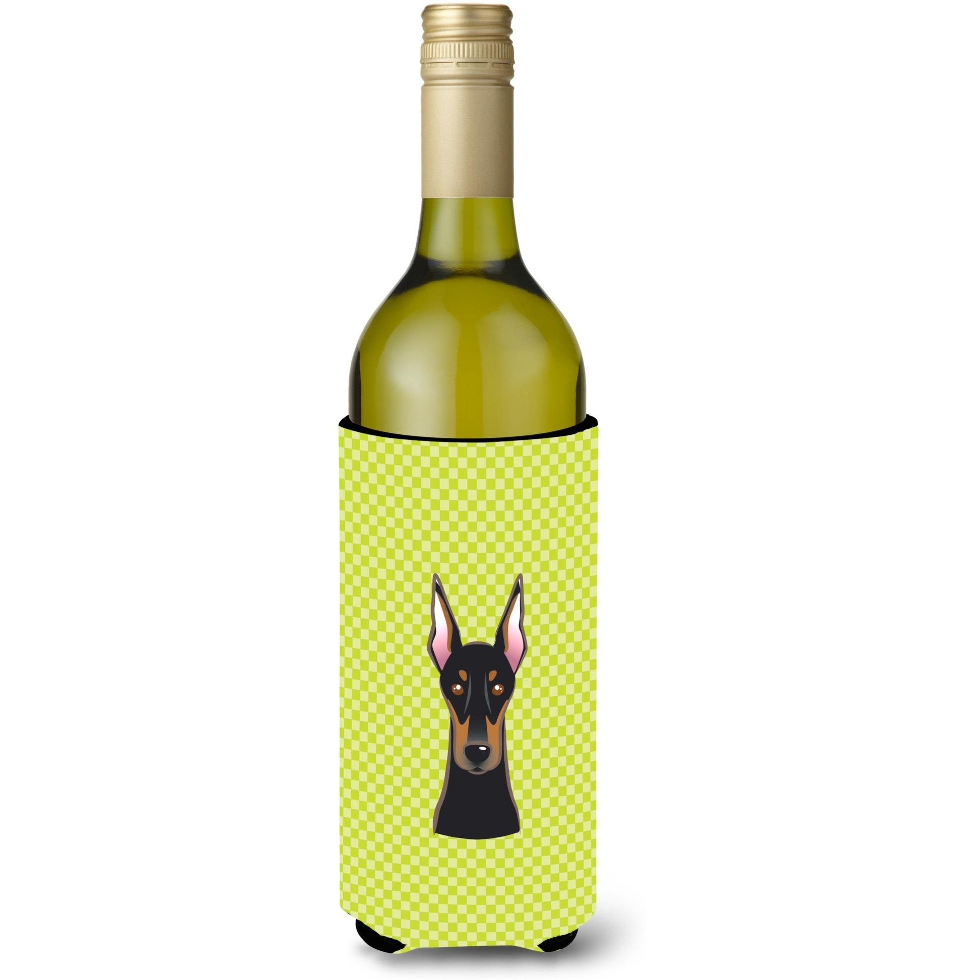 Checkerboard Lime Green Doberman Wine Bottle Beverage Insulator Hugger BB1307LITERK