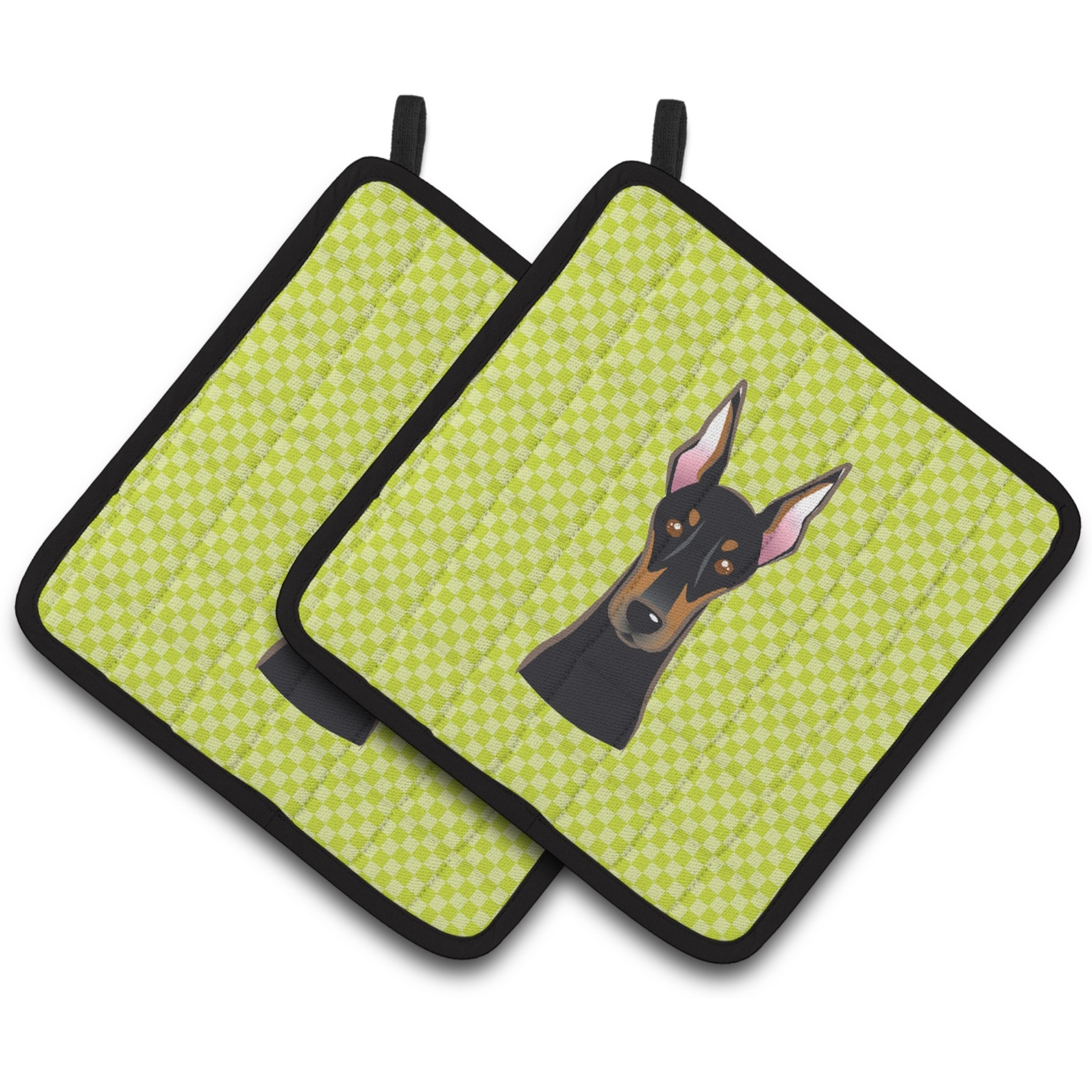 &quotCaroline's Treasures Checkerboard Lime green Doberman Pair of Pot Holders BB1307PTHD, 7.5HX7.5W, Multicolor"