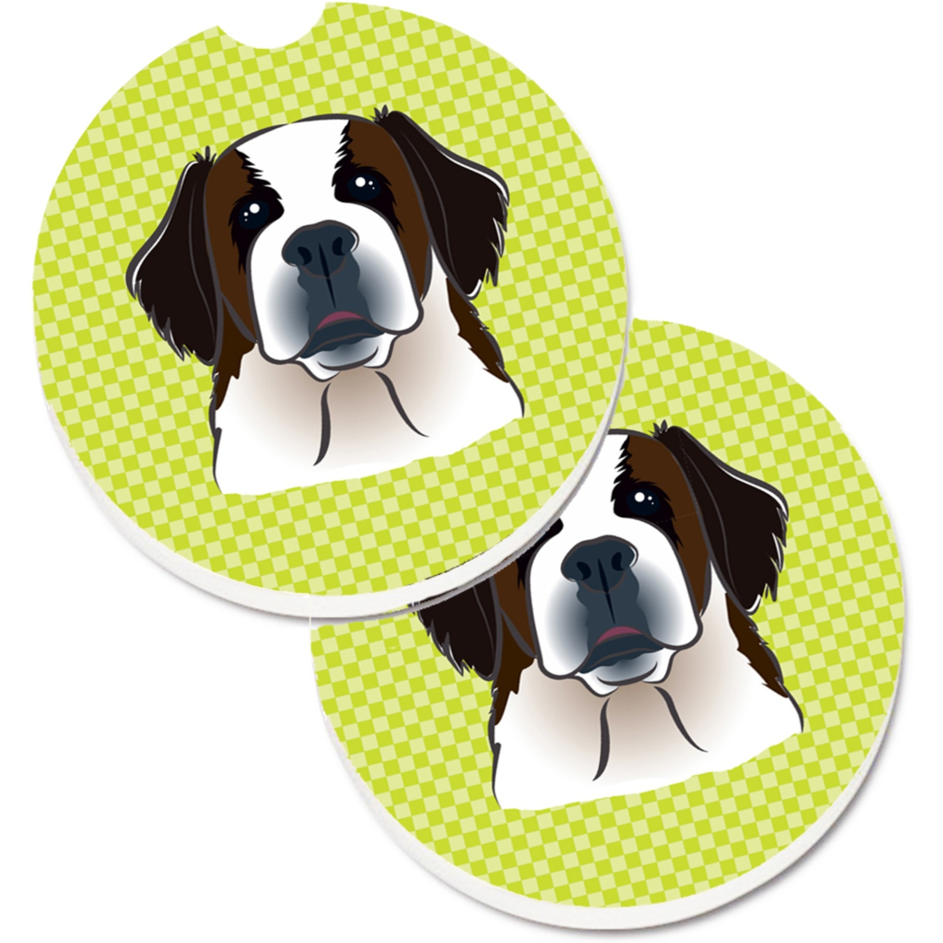 &quotCaroline's Treasures Checkerboard Lime green Saint Bernard Set of 2 Cup Holder Car Coasters BB1308CARC, 2.56, Multicolor"