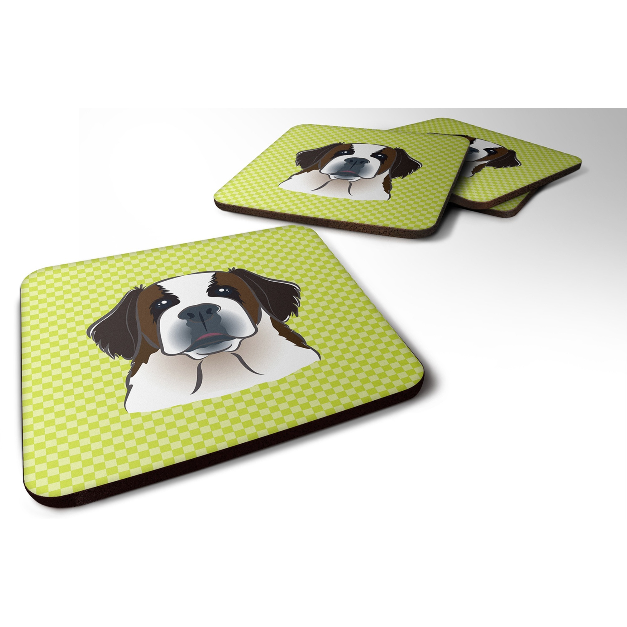 &quotCaroline's Treasures BB1308FC Checkerboard Lime Green Saint Bernard Foam Coaster (Set of 4), 3.5"" H x 3.5"" W, Multicolor"