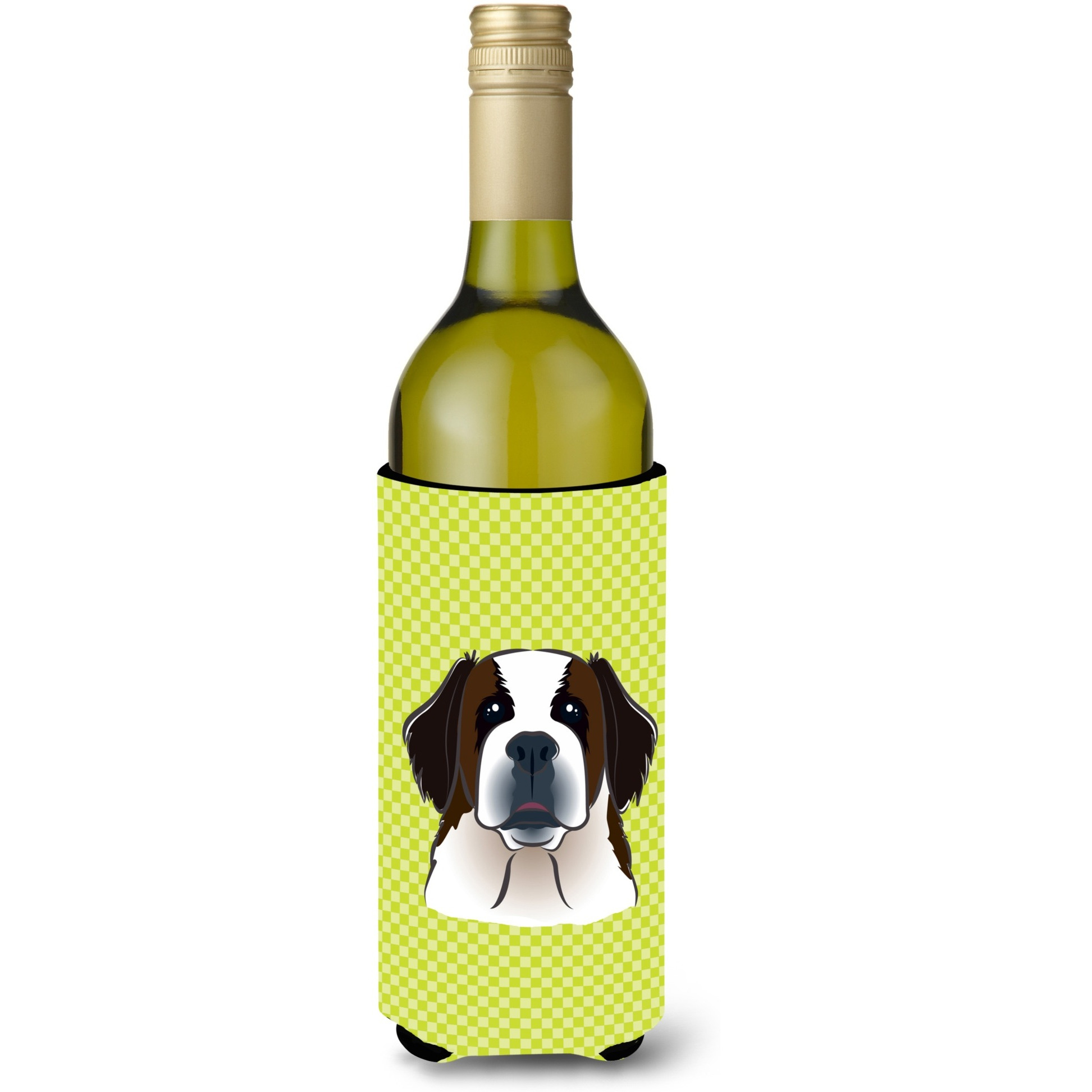 Checkerboard Lime Green Saint Bernard Wine Bottle Beverage Insulator Hugger BB1308LITERK