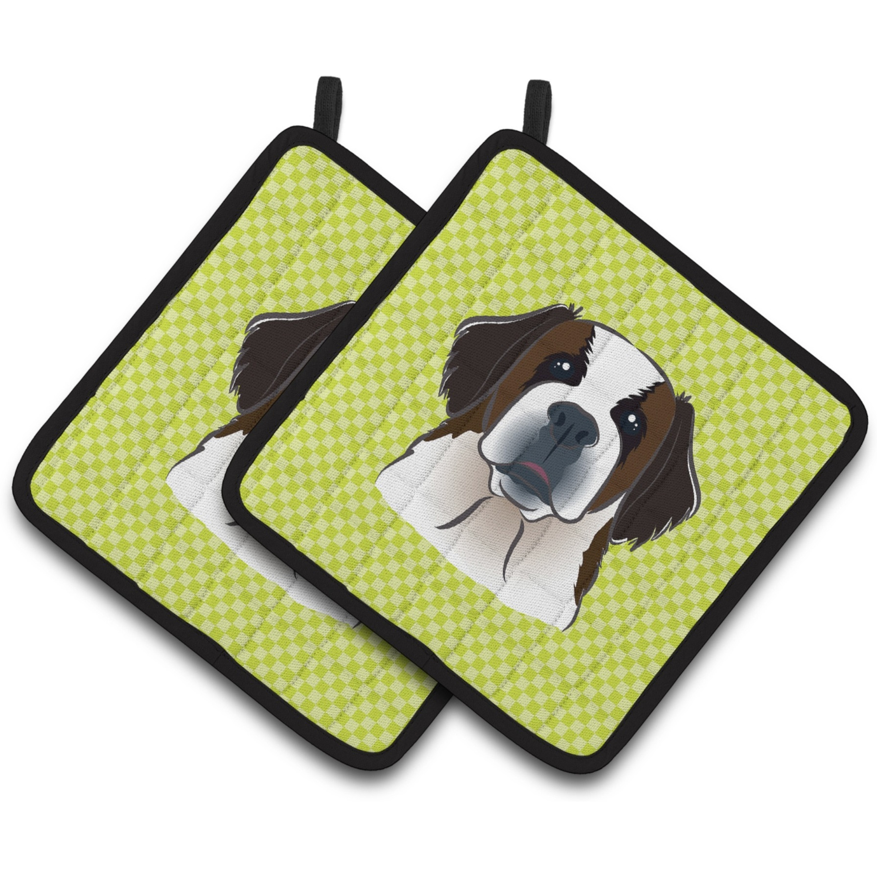 &quotCaroline's Treasures Checkerboard Lime green Saint Bernard Pair of Pot Holders BB1308PTHD, 7.5HX7.5W, Multicolor"