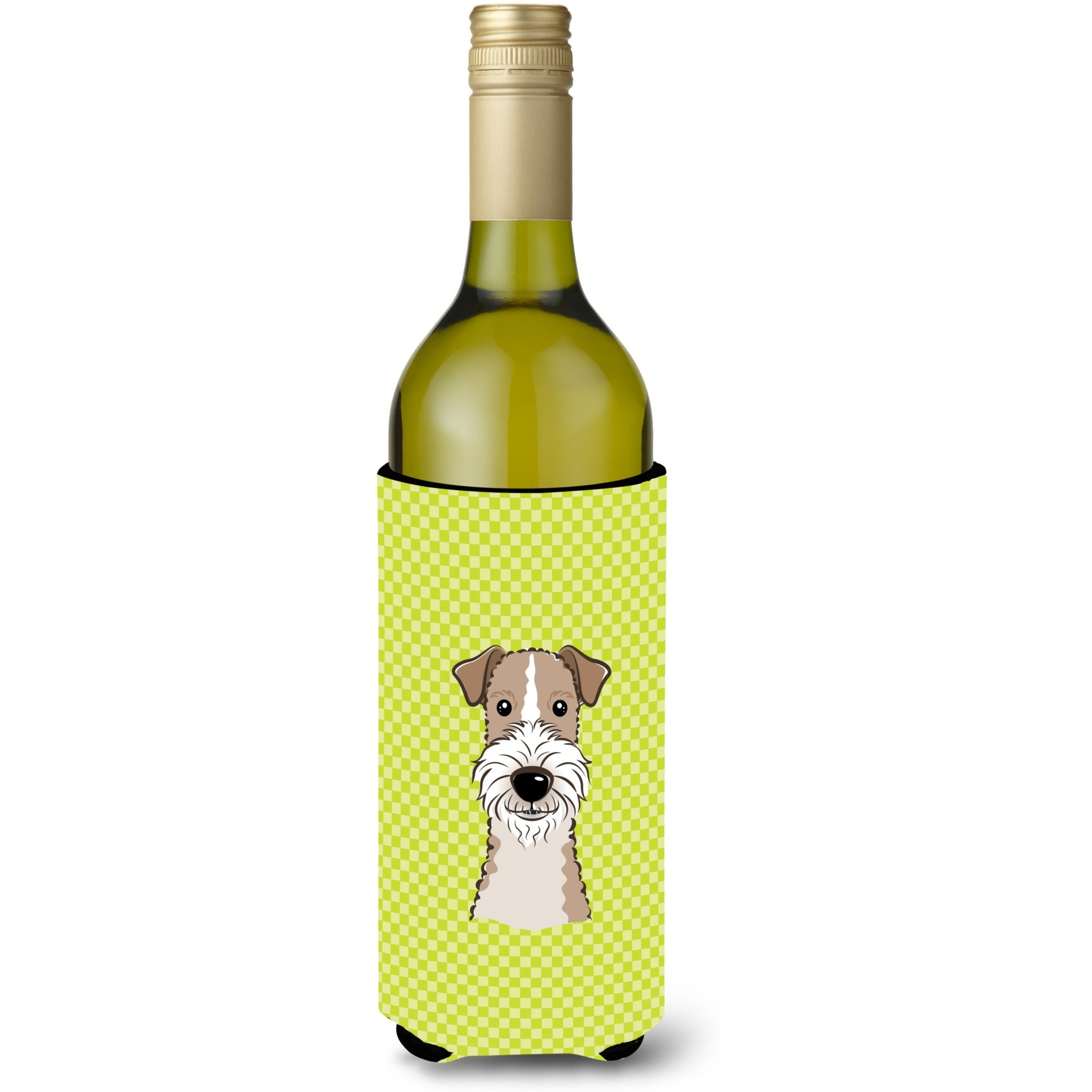 Checkerboard Lime Green Wire Haired Fox Terrier Wine Bottle Beverage Insulator Hugger