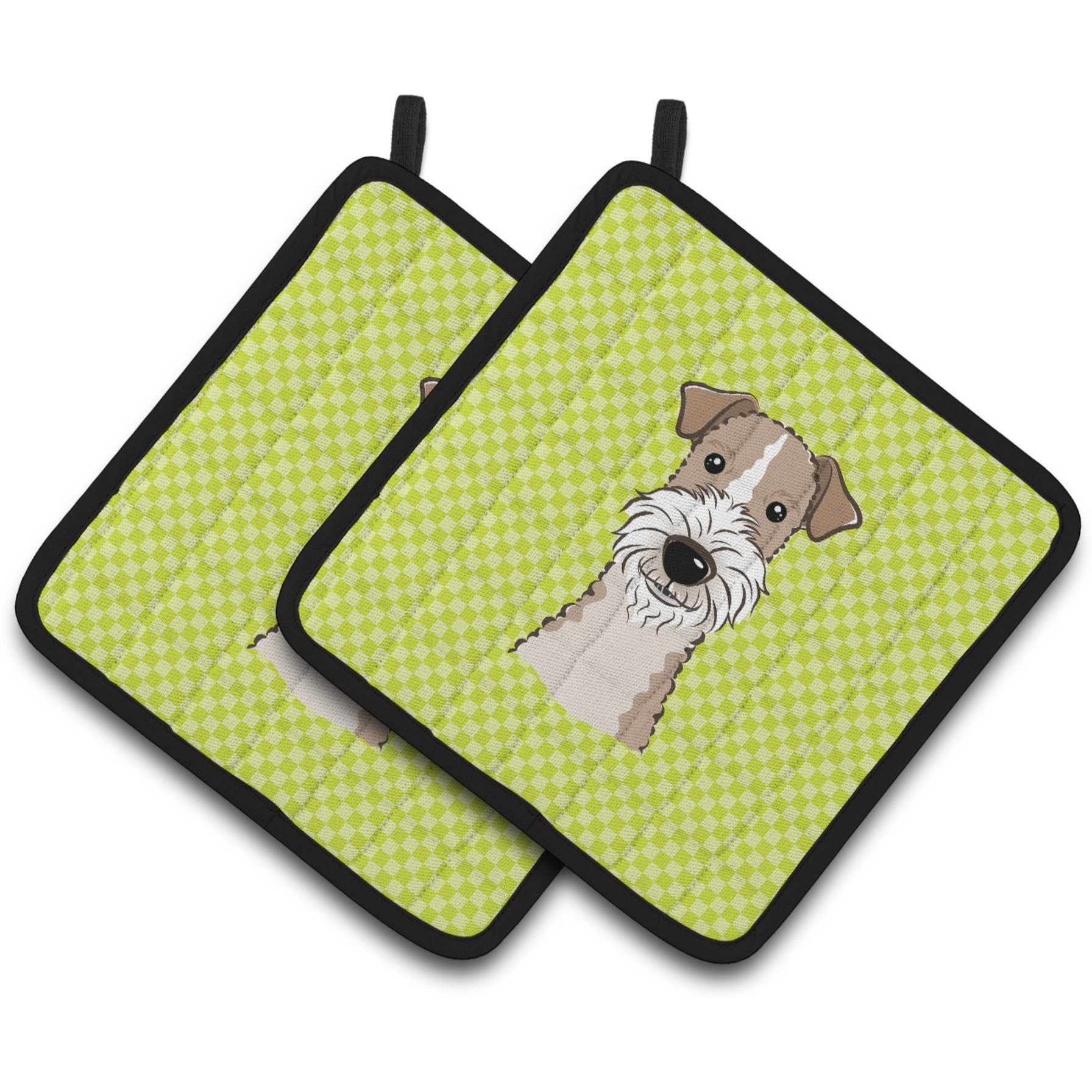 &quotCaroline's Treasures Checkerboard Lime green Wire Haired Fox Terrier Pair of Pot Holders BB1309PTHD, 7.5HX7.5W, Multicolor"