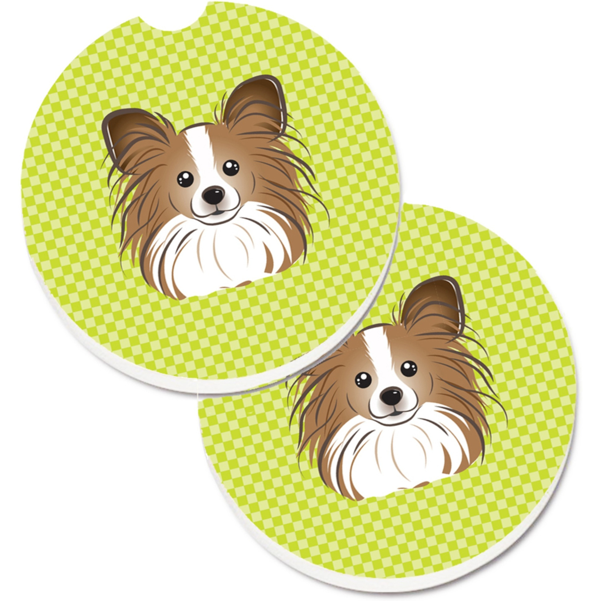 &quotCaroline's Treasures Checkerboard Lime green Papillon Set of 2 Cup Holder Car Coasters BB1310CARC, 2.56, Multicolor"