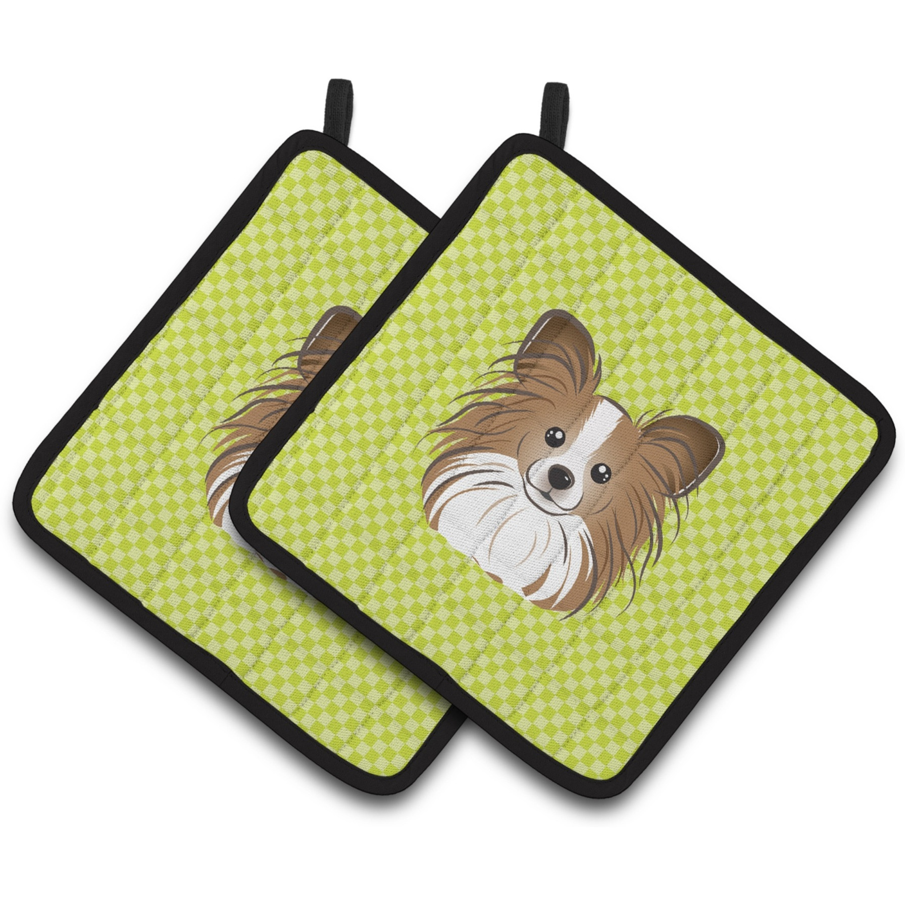 &quotCaroline's Treasures Checkerboard Lime green Papillon Pair of Pot Holders BB1310PTHD, 7.5HX7.5W, Multicolor"