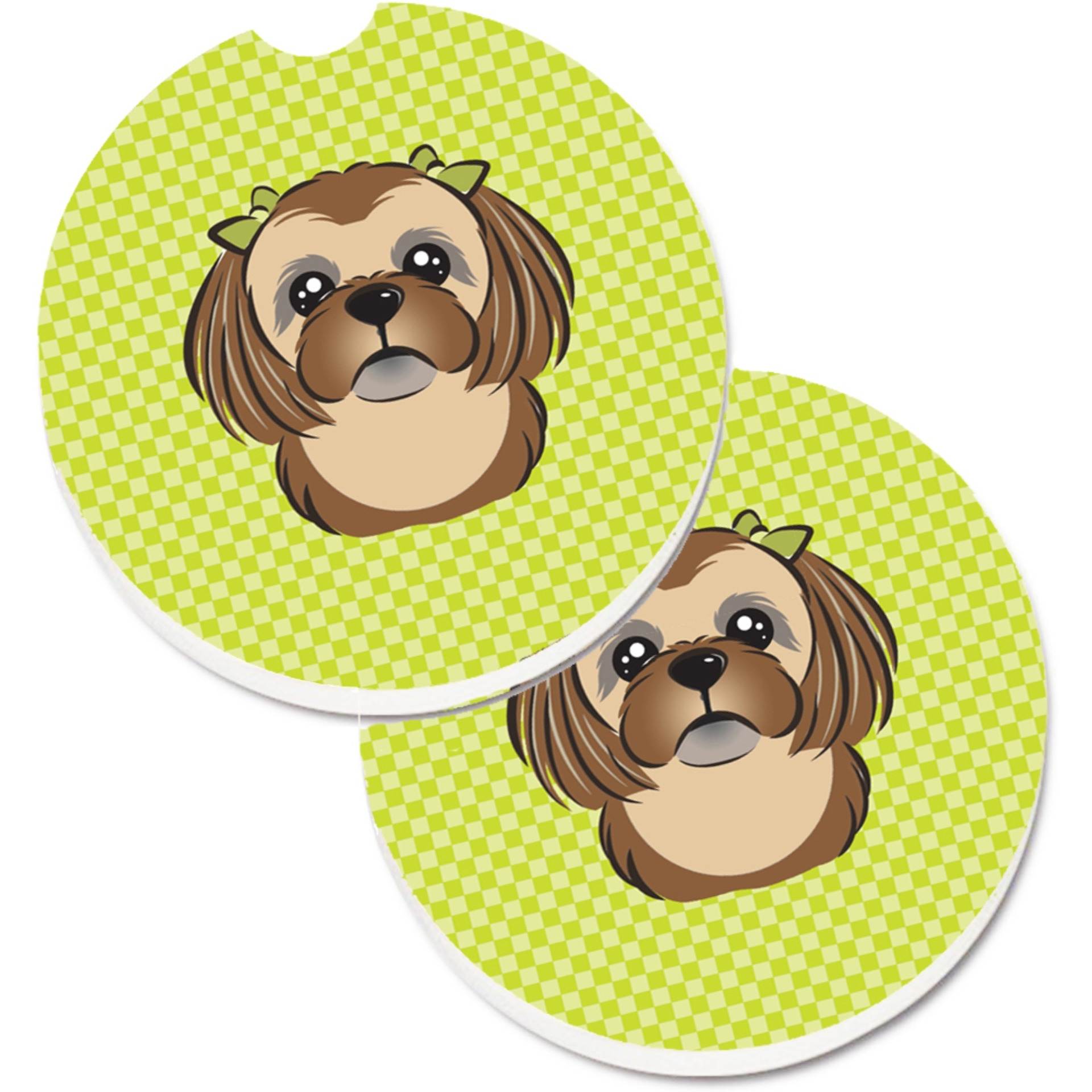 &quotCaroline's Treasures Checkerboard Lime green Chocolate Brown Shih Tzu Set of 2 Cup Holder Car Coasters BB1311CARC, 2.56, Multicolor"
