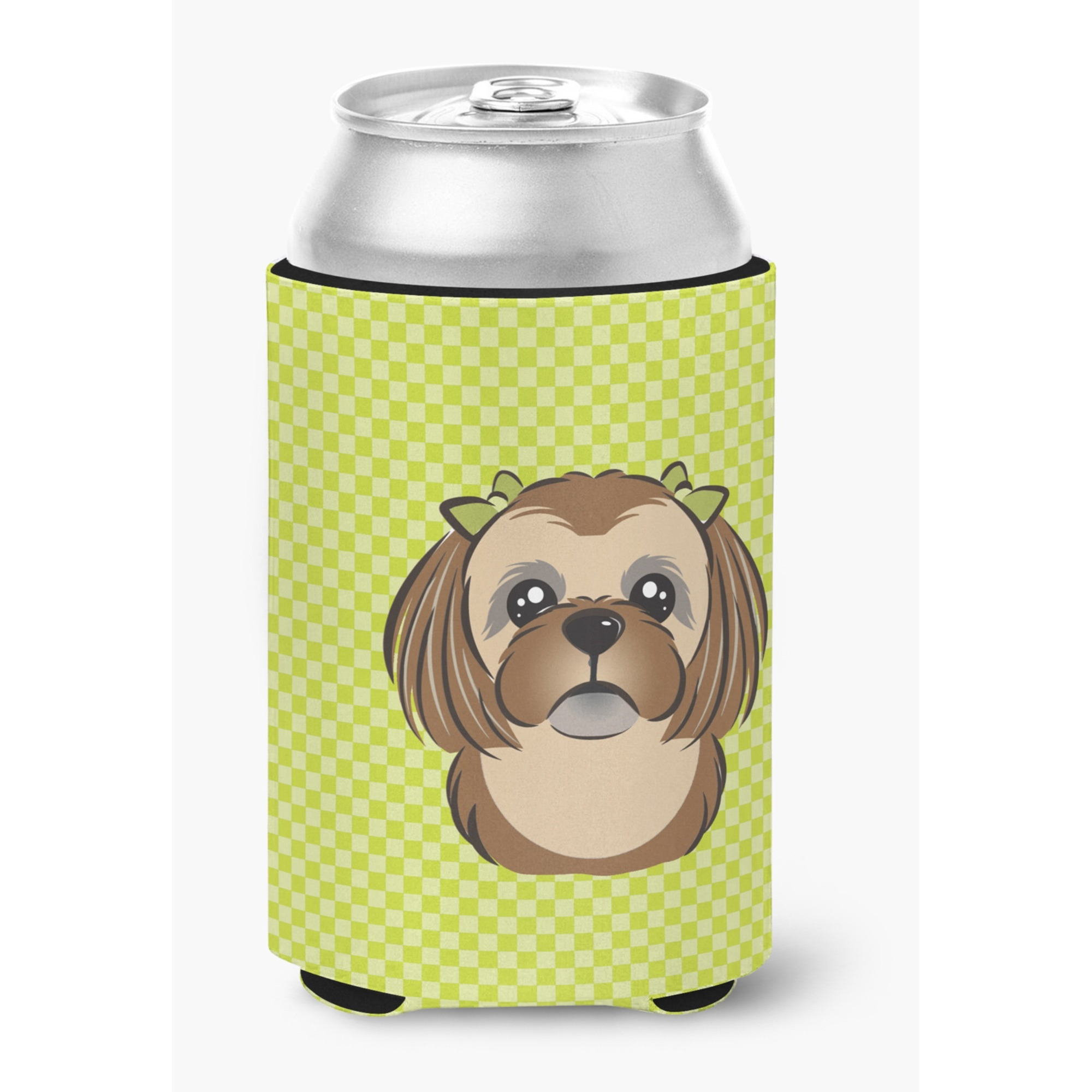 Checkerboard Lime Green Chocolate Brown Shih Tzu Can or Bottle Hugger BB1311CC