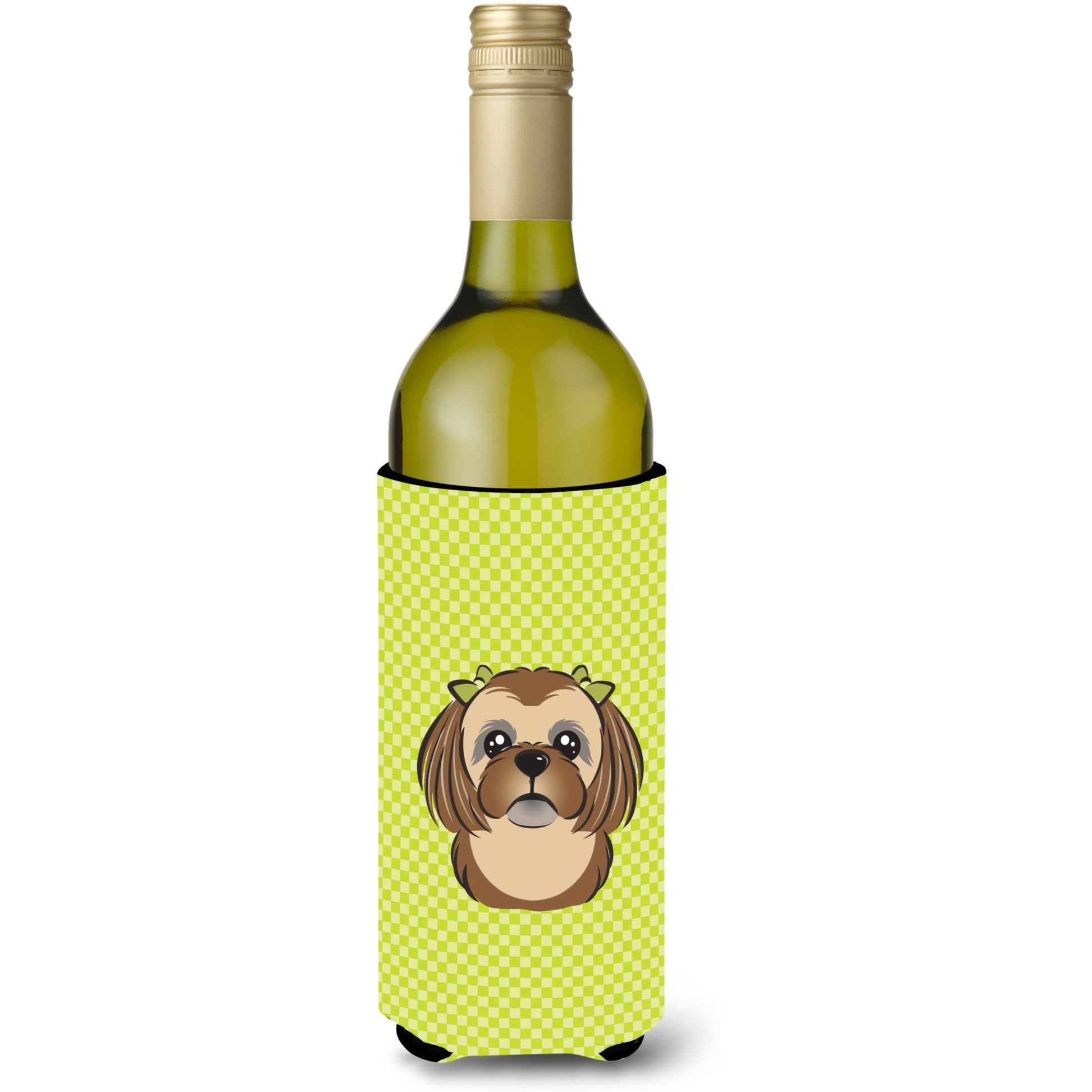Checkerboard Lime Green Chocolate Brown Shih Tzu Wine Bottle Beverage Insulator Hugger