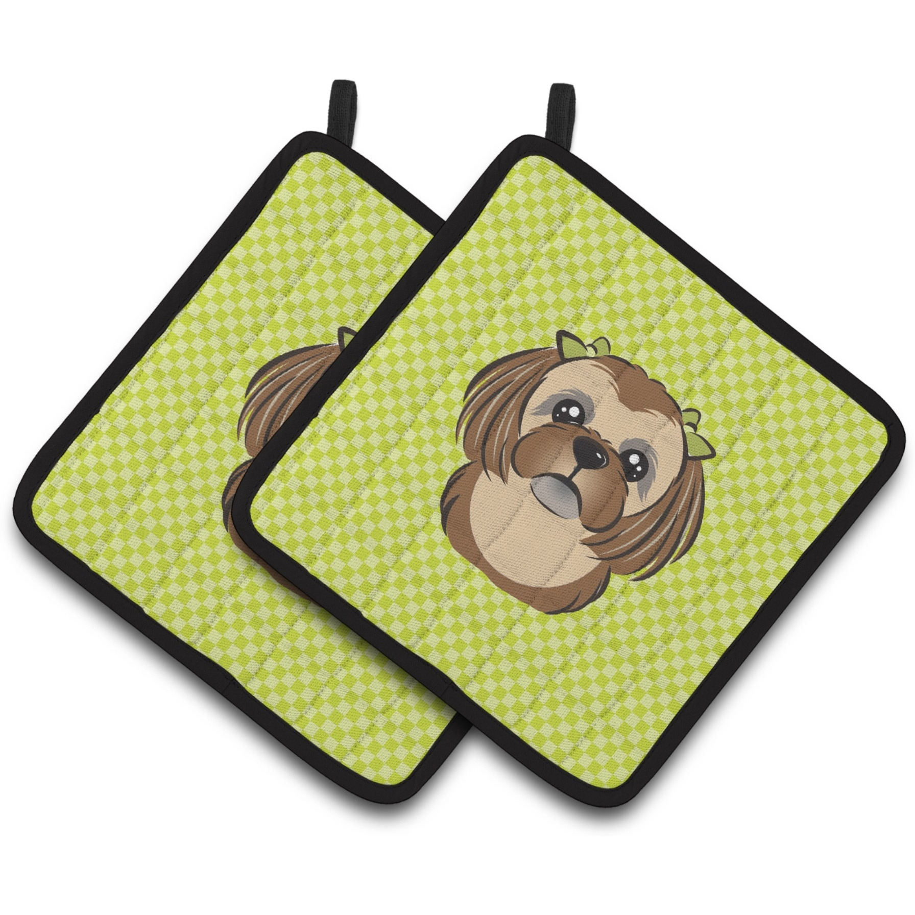&quotCaroline's Treasures Checkerboard Lime green Chocolate Brown Shih Tzu Pair of Pot Holders BB1311PTHD, 7.5HX7.5W, Multicolor"