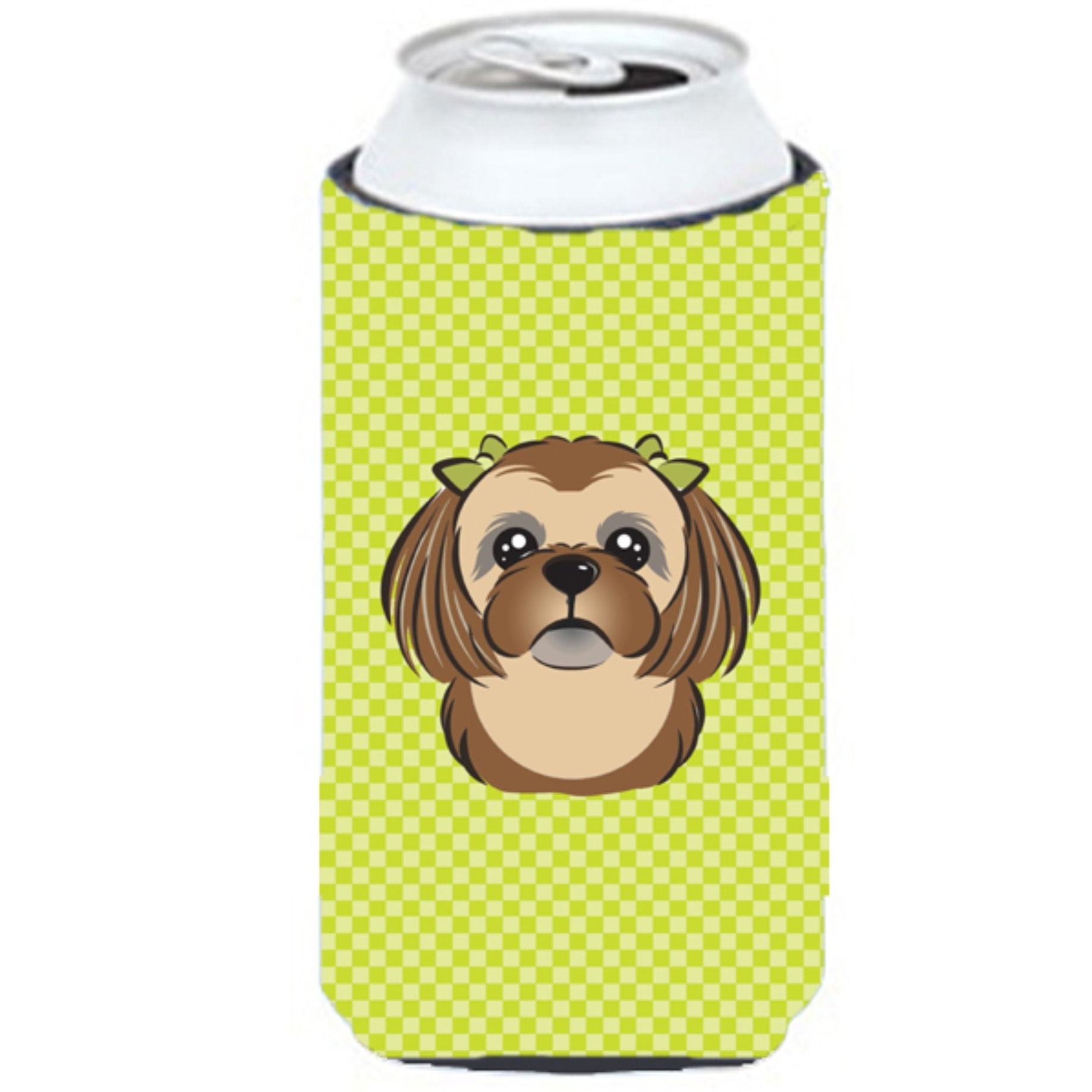 Checkerboard Lime Green Chocolate Brown Shih Tzu Tall Boy Beverage Insulator Hugger