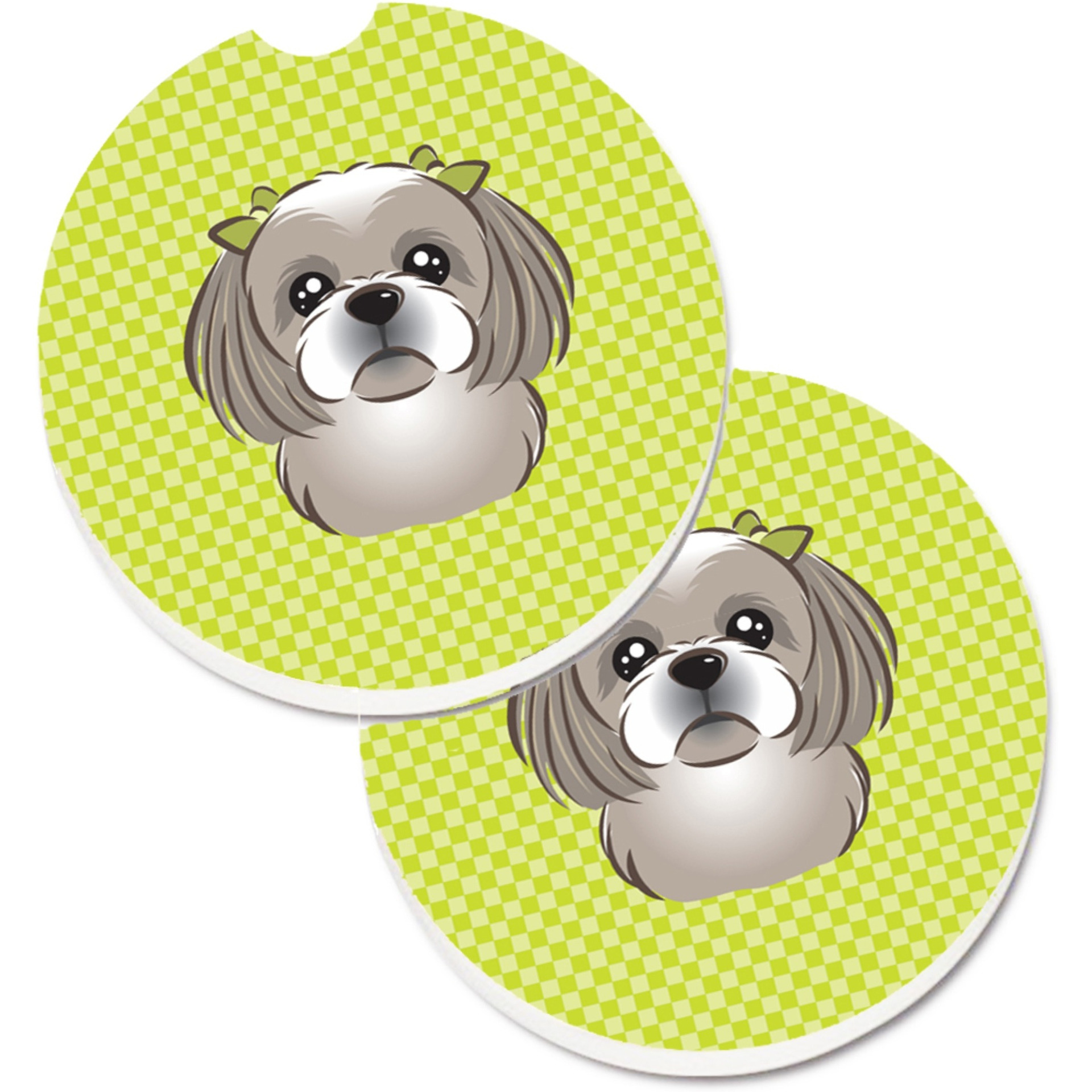 &quotCaroline's Treasures Checkerboard Lime green Gray Silver Shih Tzu Set of 2 Cup Holder Car Coasters BB1312CARC, 2.56, Multicolor"