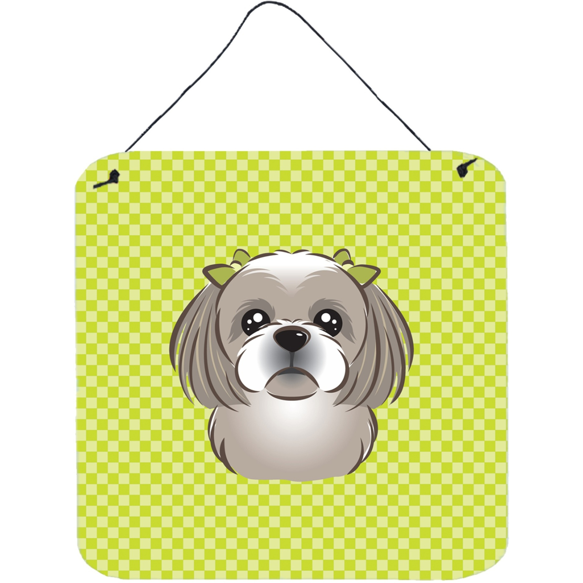 &quotCaroline's Treasures Checkerboard Lime Green Gray Silver Shih Tzu Wall or Door Hanging Prints, 6 x 6"""