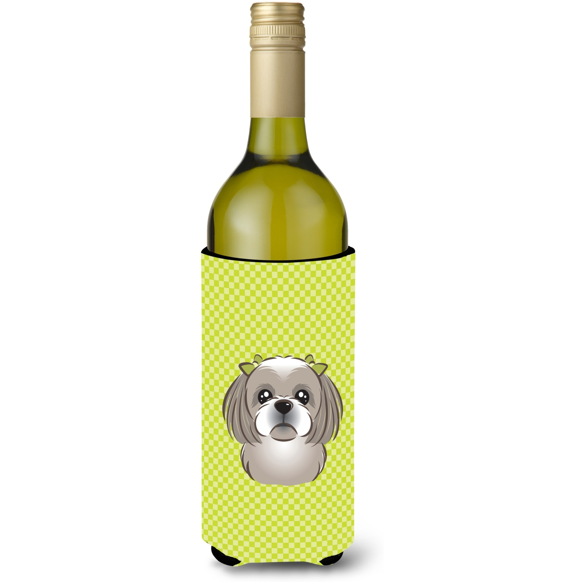 Checkerboard Lime Green Gray Silver Shih Tzu Wine Bottle Beverage Insulator Hugger