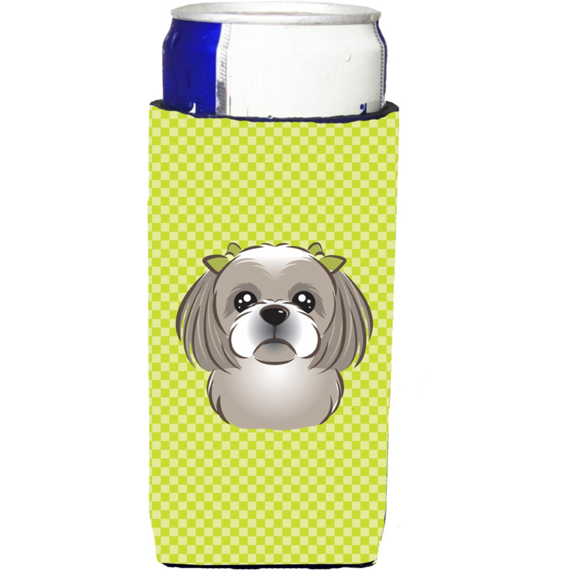 Checkerboard Lime Green Shih Tzu Ultra Beverage Insulators for slim cans